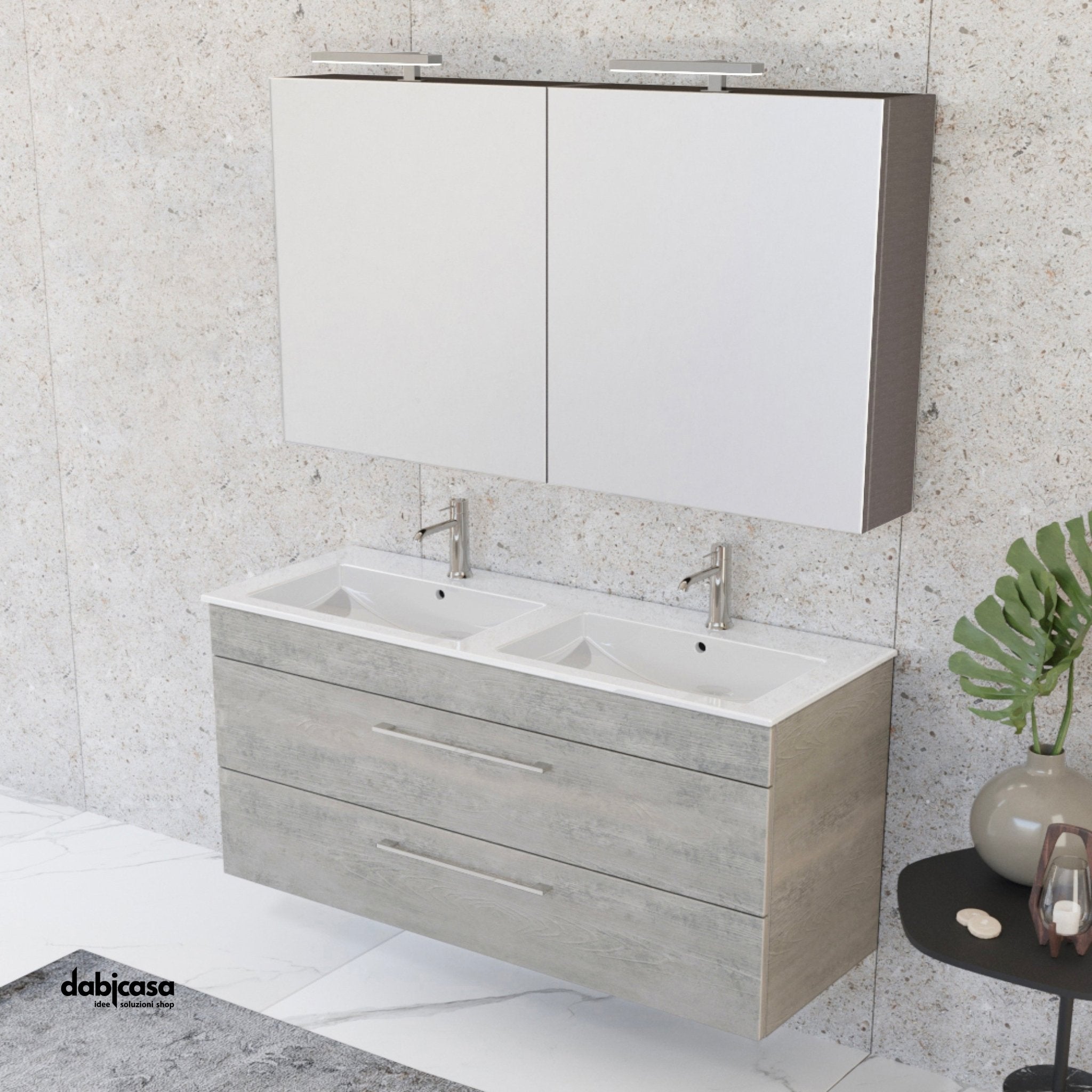 Mobile Bagno Sospeso "Unit Seven" Da 118 Cm Composto Da Due Cassetti e Doppia Vasca Finitura Cemento Wood - Dabicasa