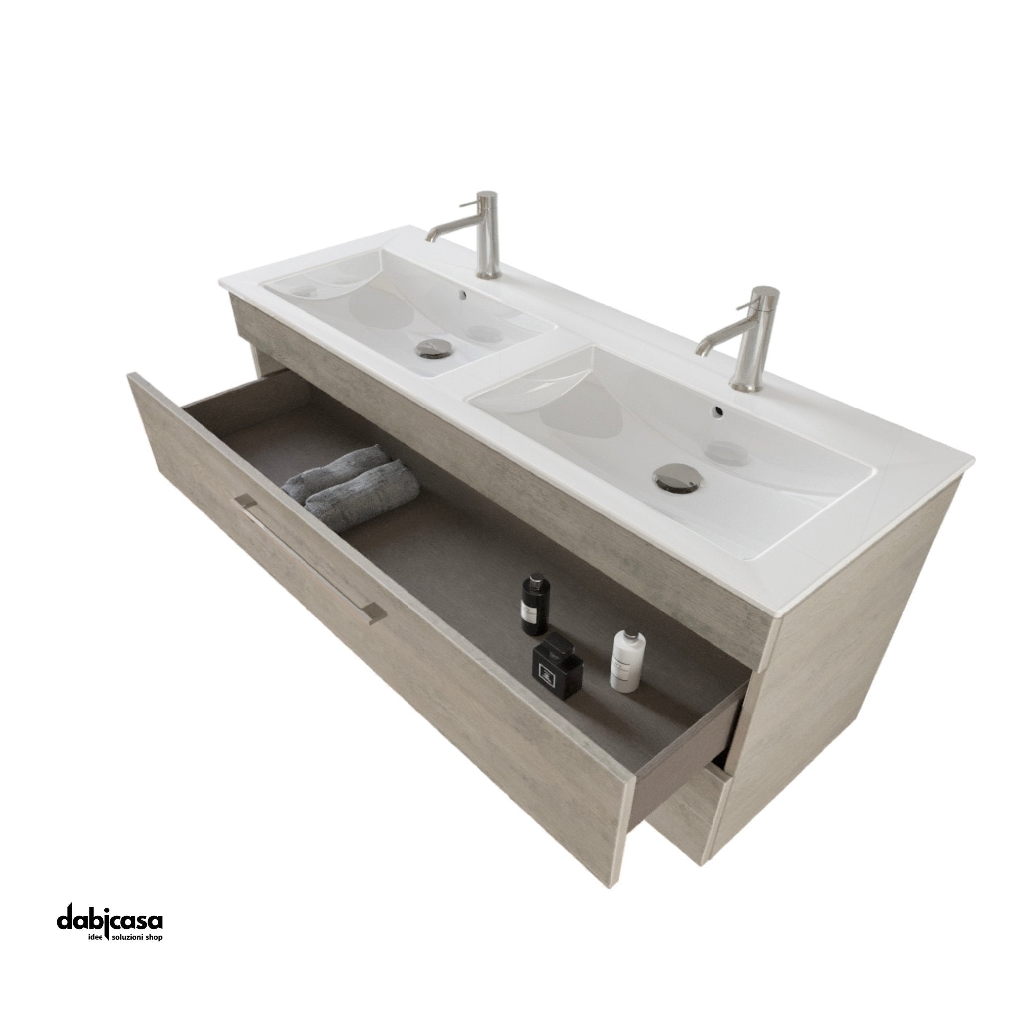 Mobile Bagno Sospeso "Unit Seven" Da 118 Cm Composto Da Due Cassetti e Doppia Vasca Finitura Cemento Wood - Dabicasa