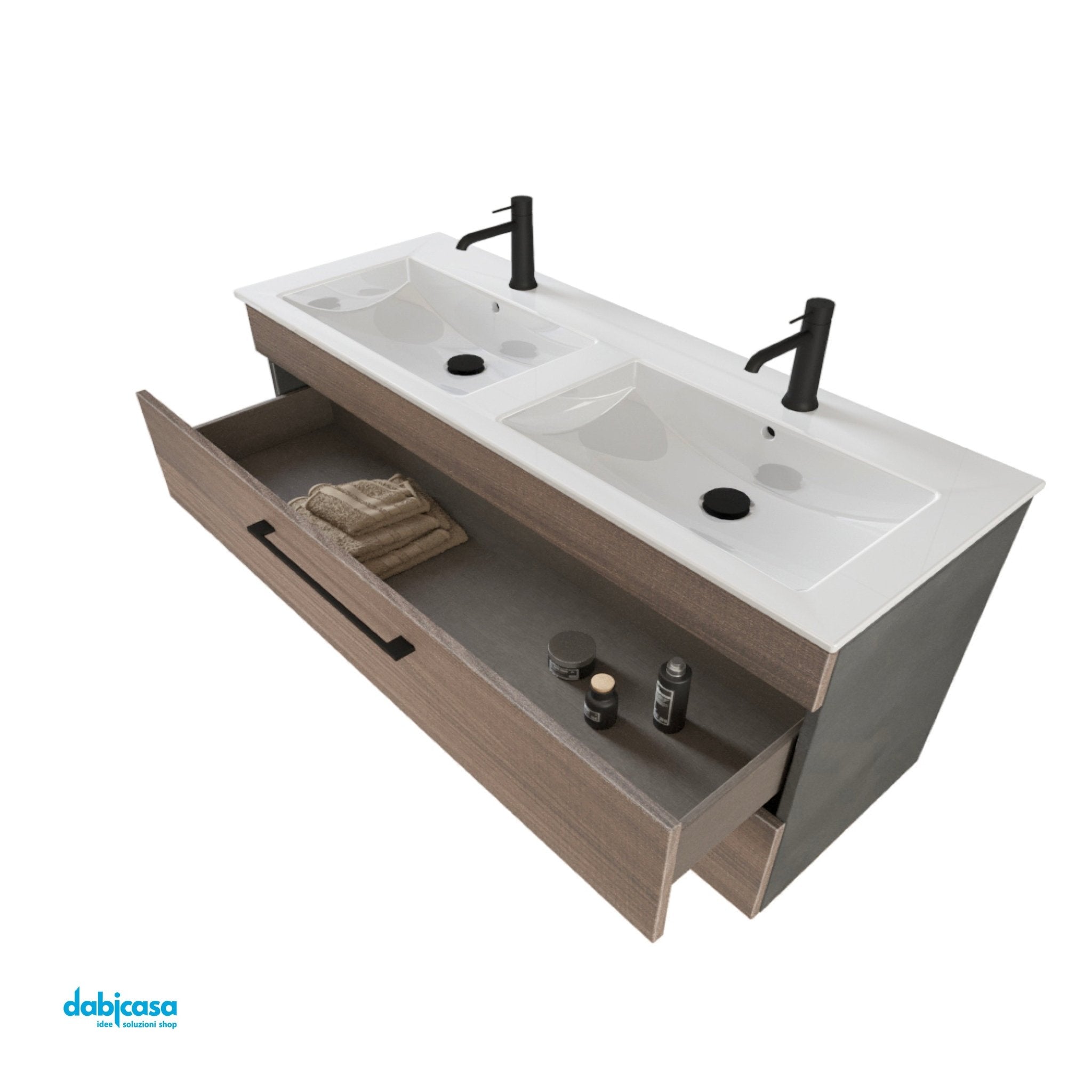 Mobile Bagno Sospeso "Unit Seven" Da 118 Cm Composto Da Due Cassetti e Doppia Vasca Finitura White Elm - Dabicasa