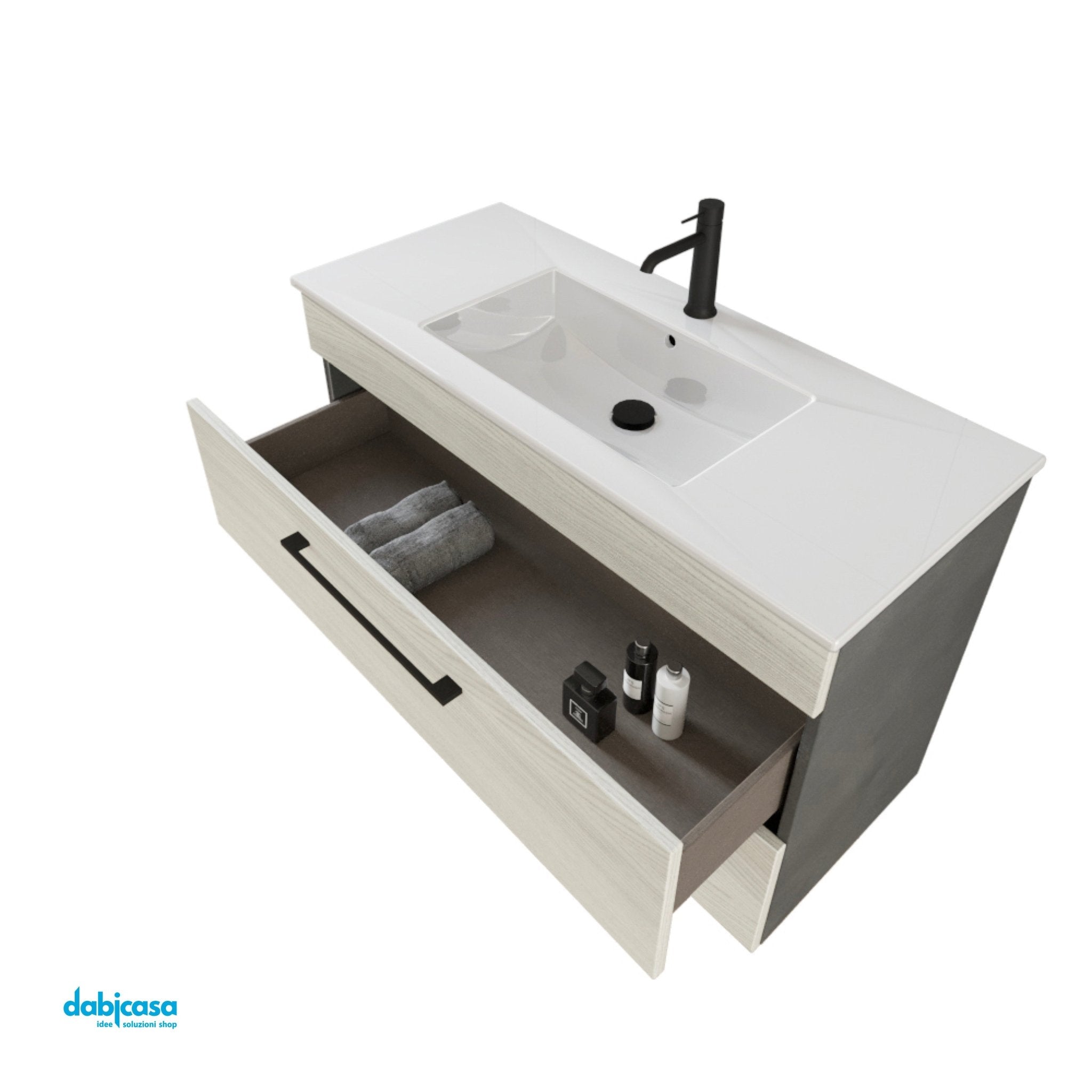 Mobile Bagno Sospeso "Unit Six" Da 100 Cm Composto Da Due Cassetti Finitura White Elm/Cemento Grigio Lava - Dabicasa