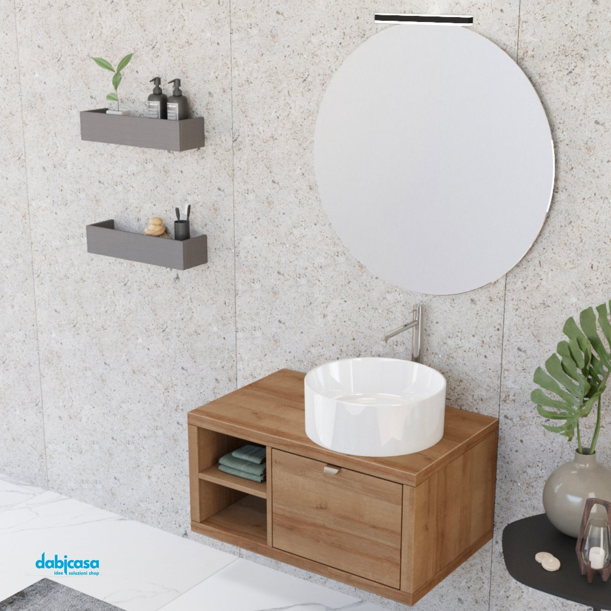 Mobile Bagno Sospeso "Unit Three" Da 80 Cm Composto Da Un Cassetto Ed Un Vano a Giorno Finitura Rovere Farnia - Dabicasa