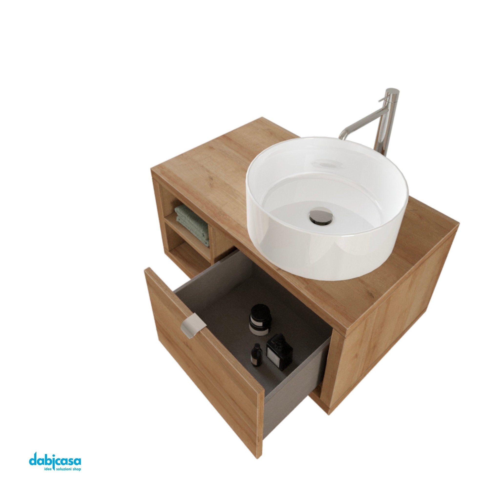 Mobile Bagno Sospeso "Unit Three" Da 80 Cm Composto Da Un Cassetto Ed Un Vano a Giorno Finitura Rovere Farnia - Dabicasa