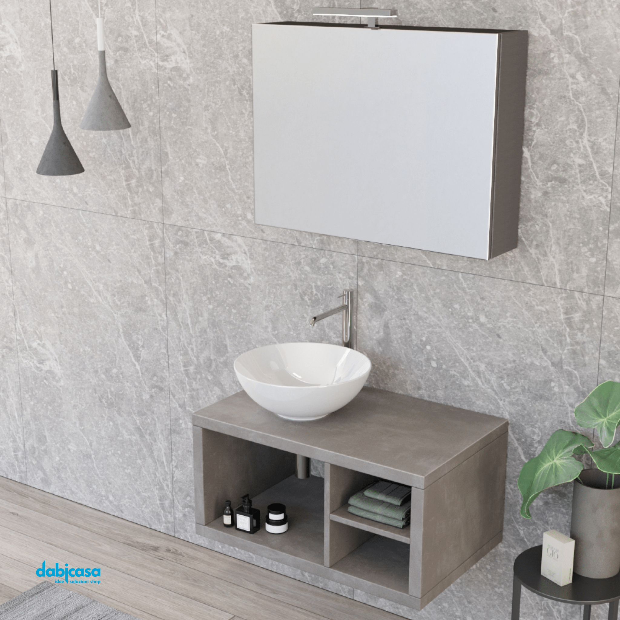 Mobile Bagno Sospeso "Unit Three" Da 80 Cm Composto Da Vani a Giorno Finitura Cemento Grigio Caldo - Dabicasa