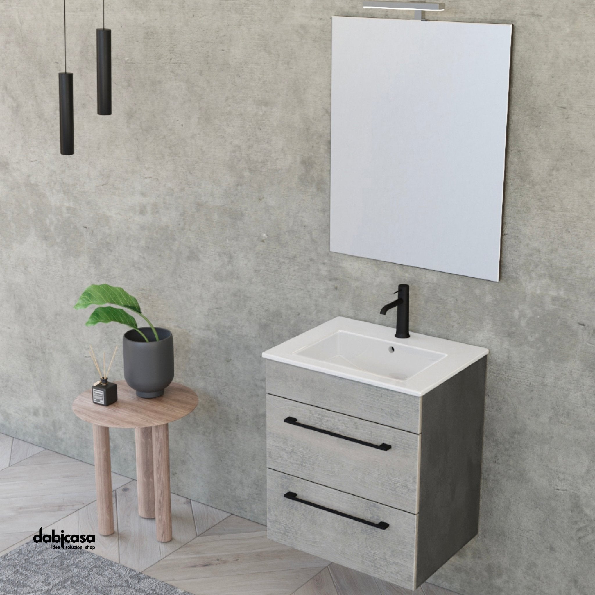 Mobile Bagno Sospeso "Unit Two" Da 55 Cm Composto Da Due Cassetti Finitura Cement Wood/Cemento Grigio Lava - Dabicasa