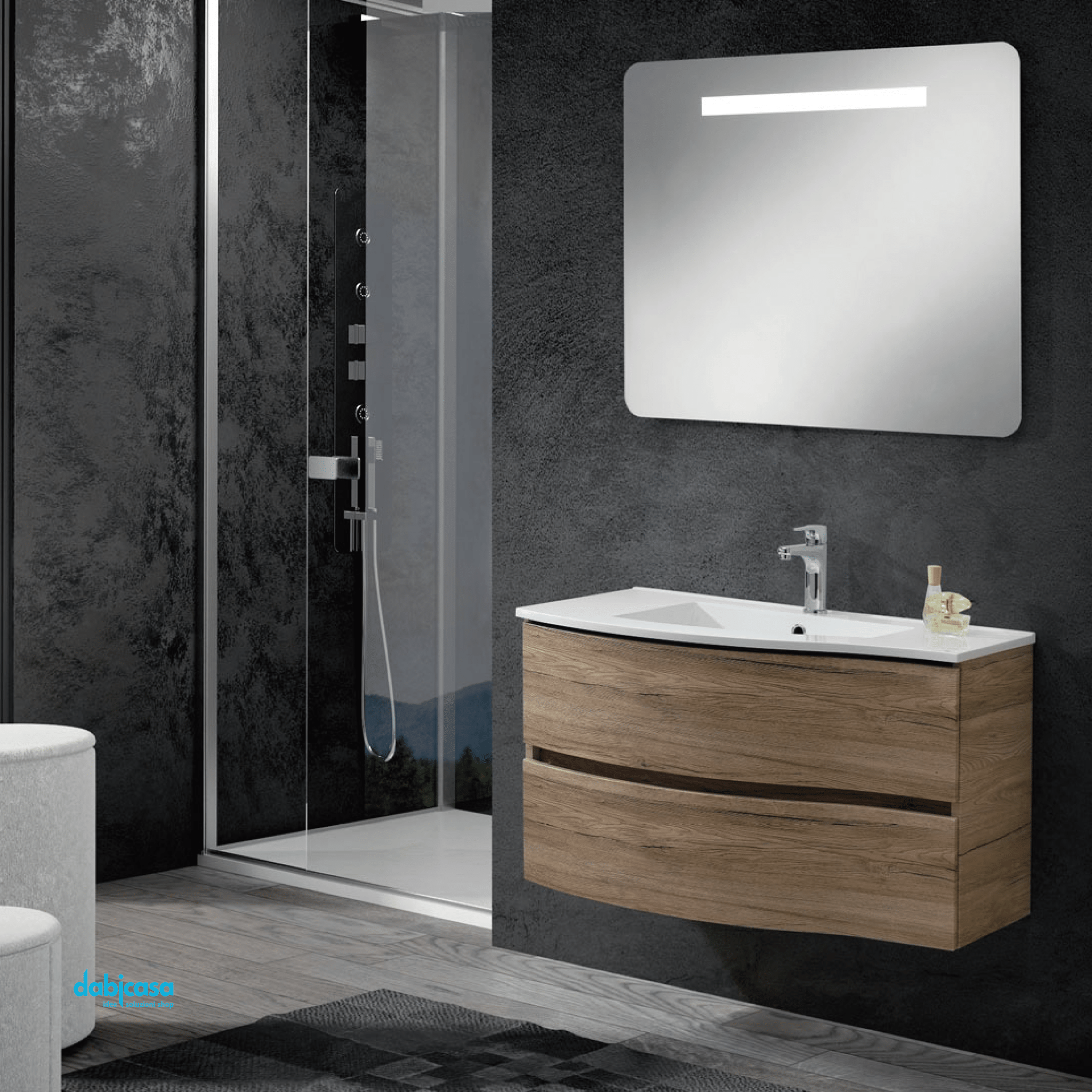 Mobile Bagno Sospeso "Vesuvio" Da 90 Cm Con Due Cassetti Lavabo E Specchio C/Barra Led - Dabicasa