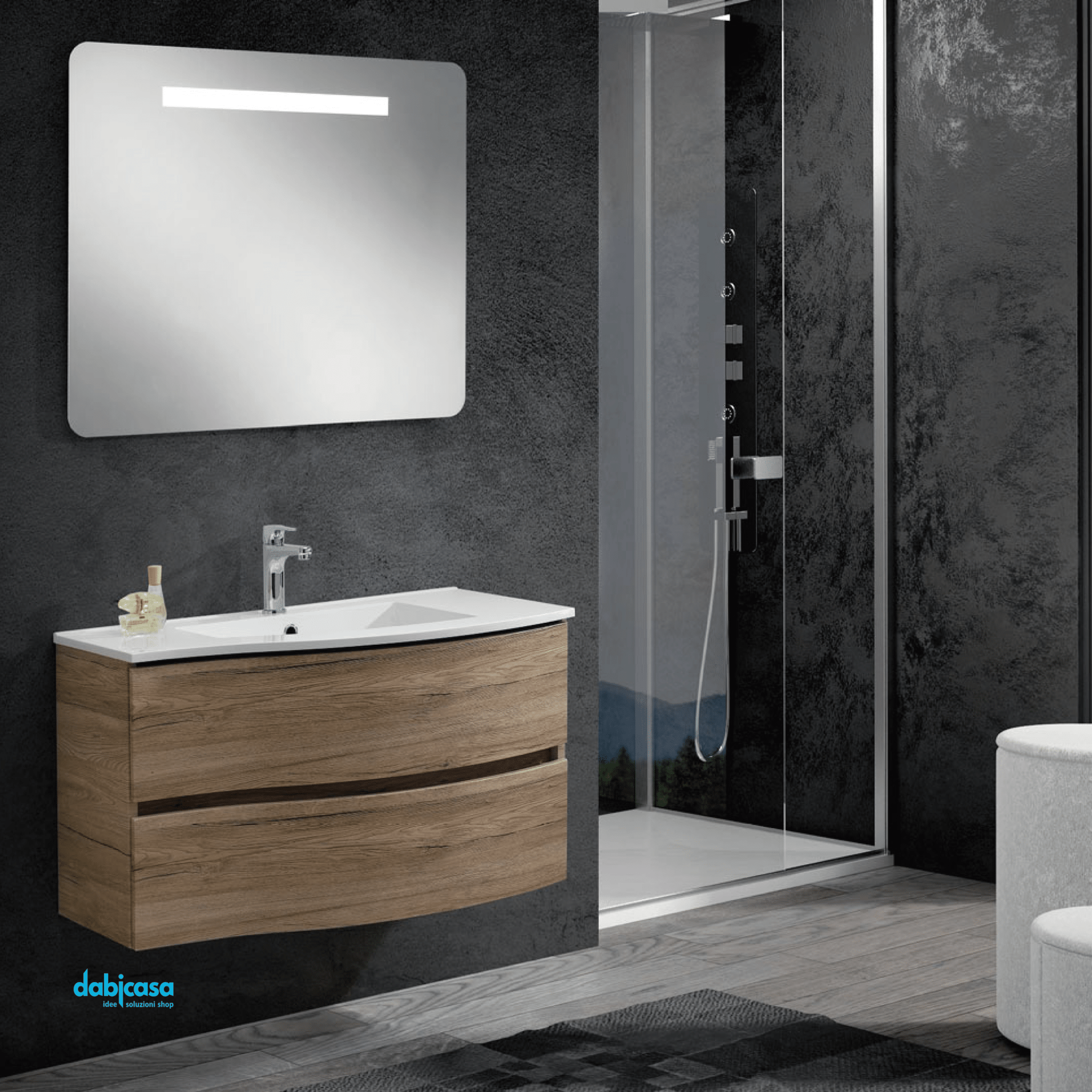 Mobile Bagno Sospeso "Vesuvio" Da 90 Cm Con Due Cassetti Lavabo E Specchio C/Barra Led - Dabicasa