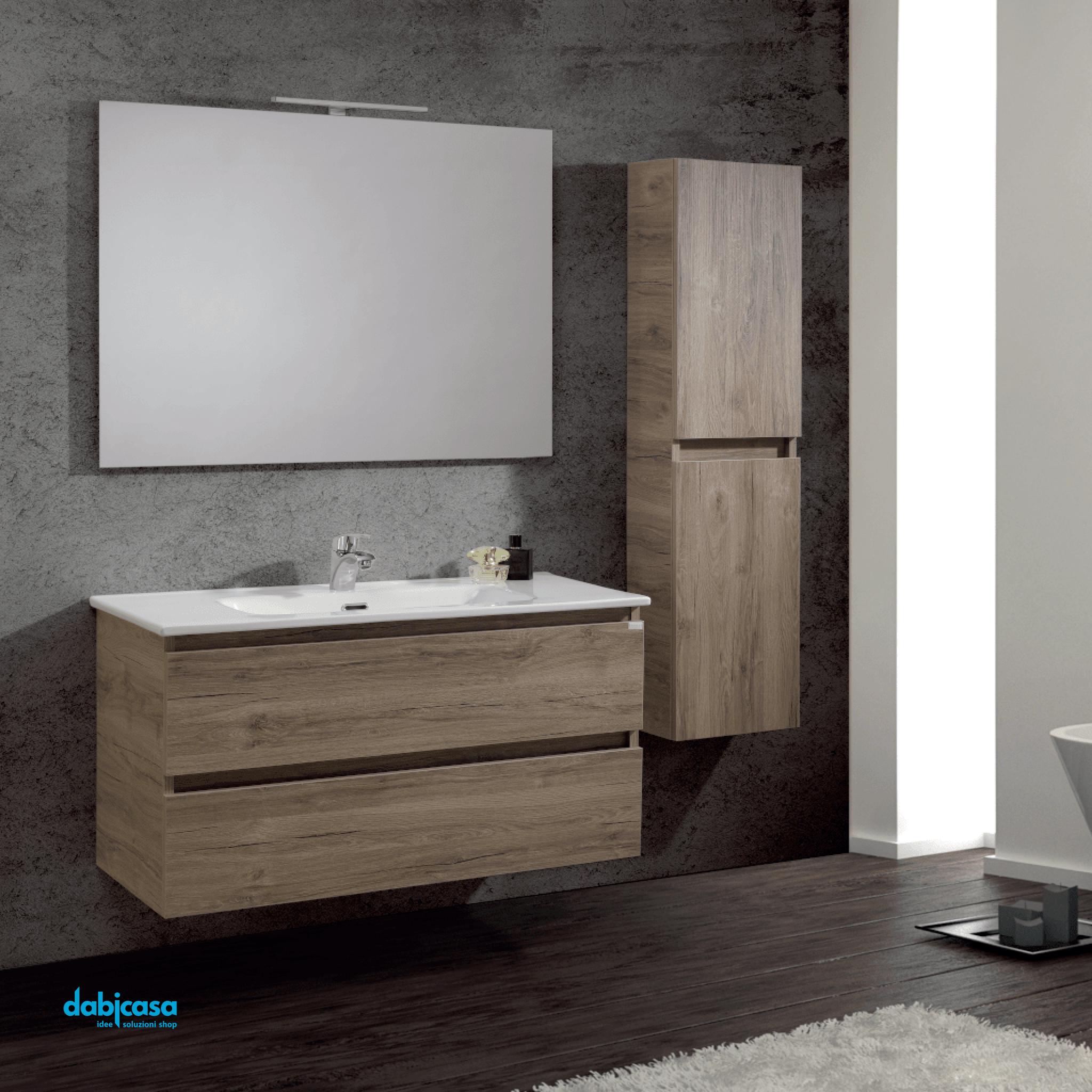 Mobile Bagno Sospeso "Vulcano" Da 100 Cm Composto Da Due Cassetti Lavabo E Specchio Con Lampada Led - Dabicasa