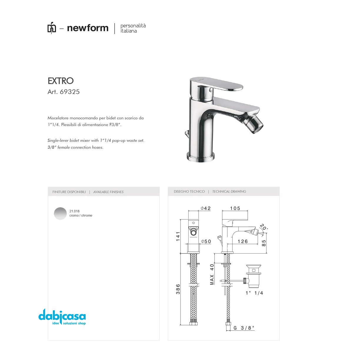 NewForm "Extro" Miscelatore Bidet Con Scarico Automatico - Dabicasa