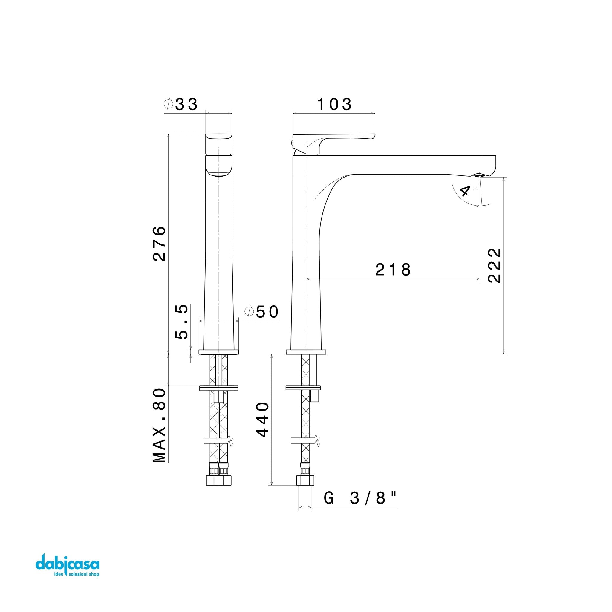 NewForm "Linfa II" Miscelatore Lavabo Alto S/Scarico Automatico Finitura Cromo Lucido - Dabicasa