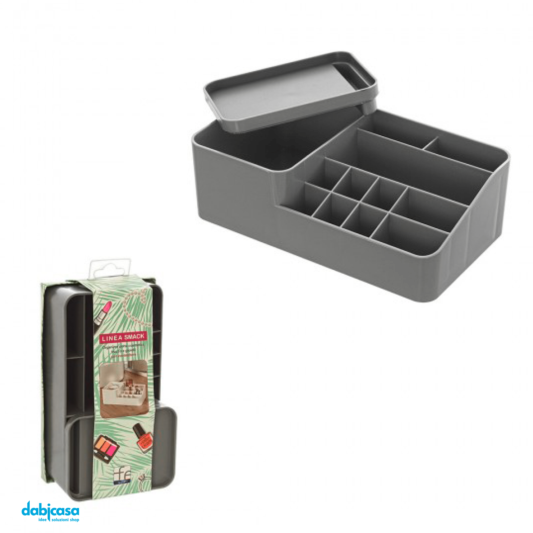 Organizer Porta Cosmetici "Smack"In Plastica Con 11 Scomparti e Box Con Coperchio Grigio - Dabicasa