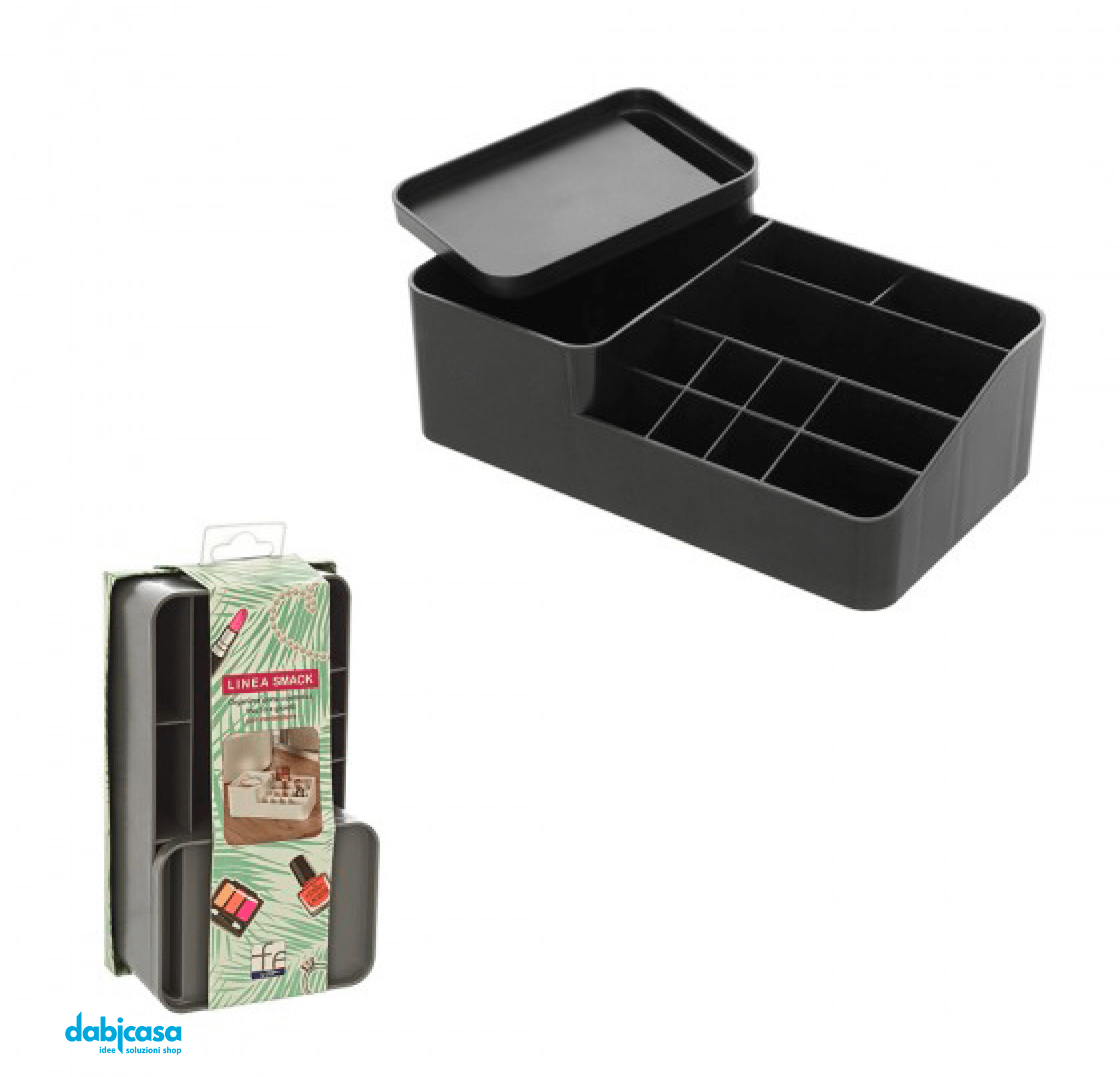 Organizer Porta Cosmetici "Smack"In Plastica Con 11 Scomparti e Box Con Coperchio Nero - Dabicasa