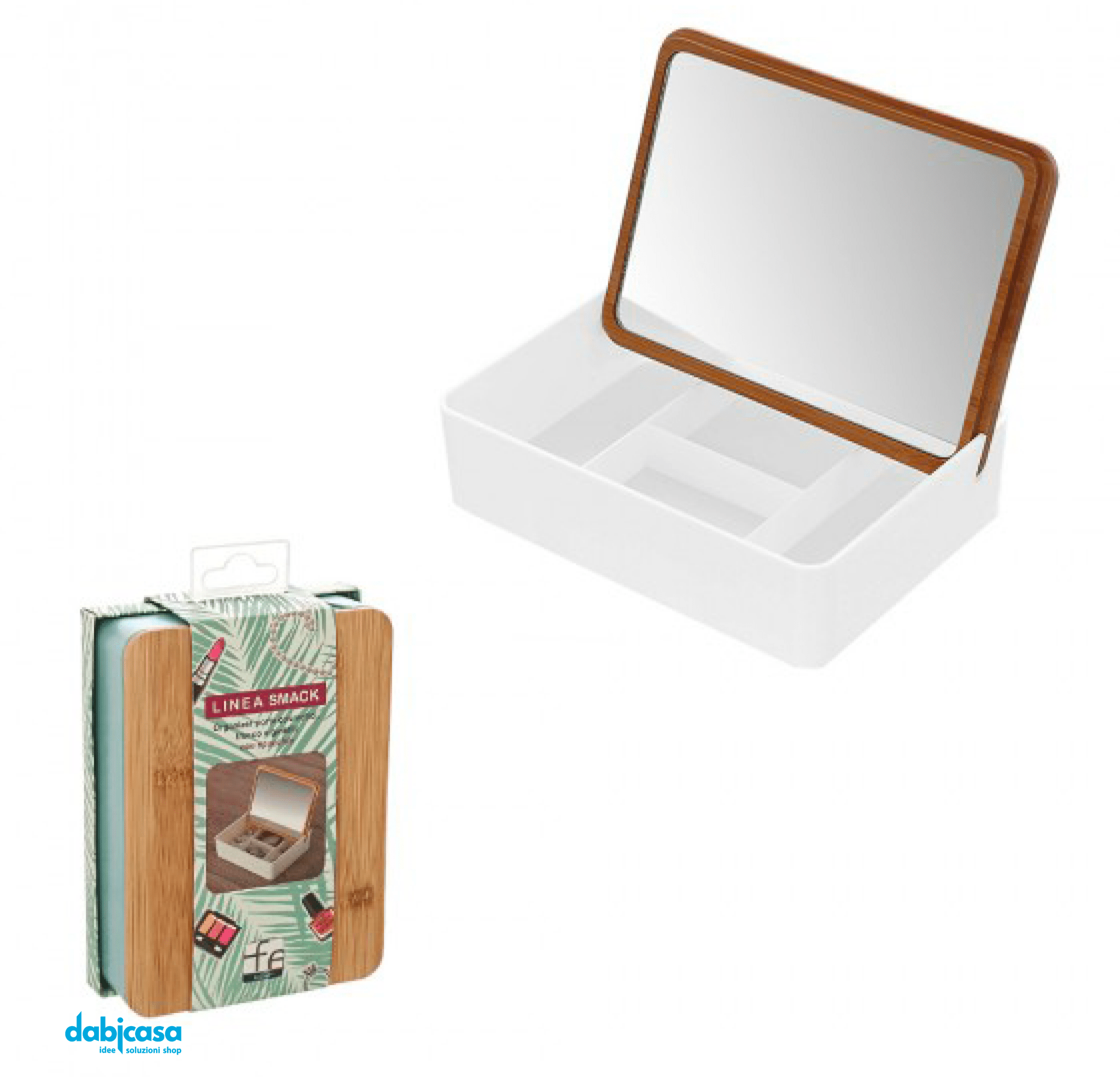 Organizer Porta Cosmetici "Smack"In Plastica Con Coperchio In Bamboo e Specchio Incluso Bianco - Dabicasa