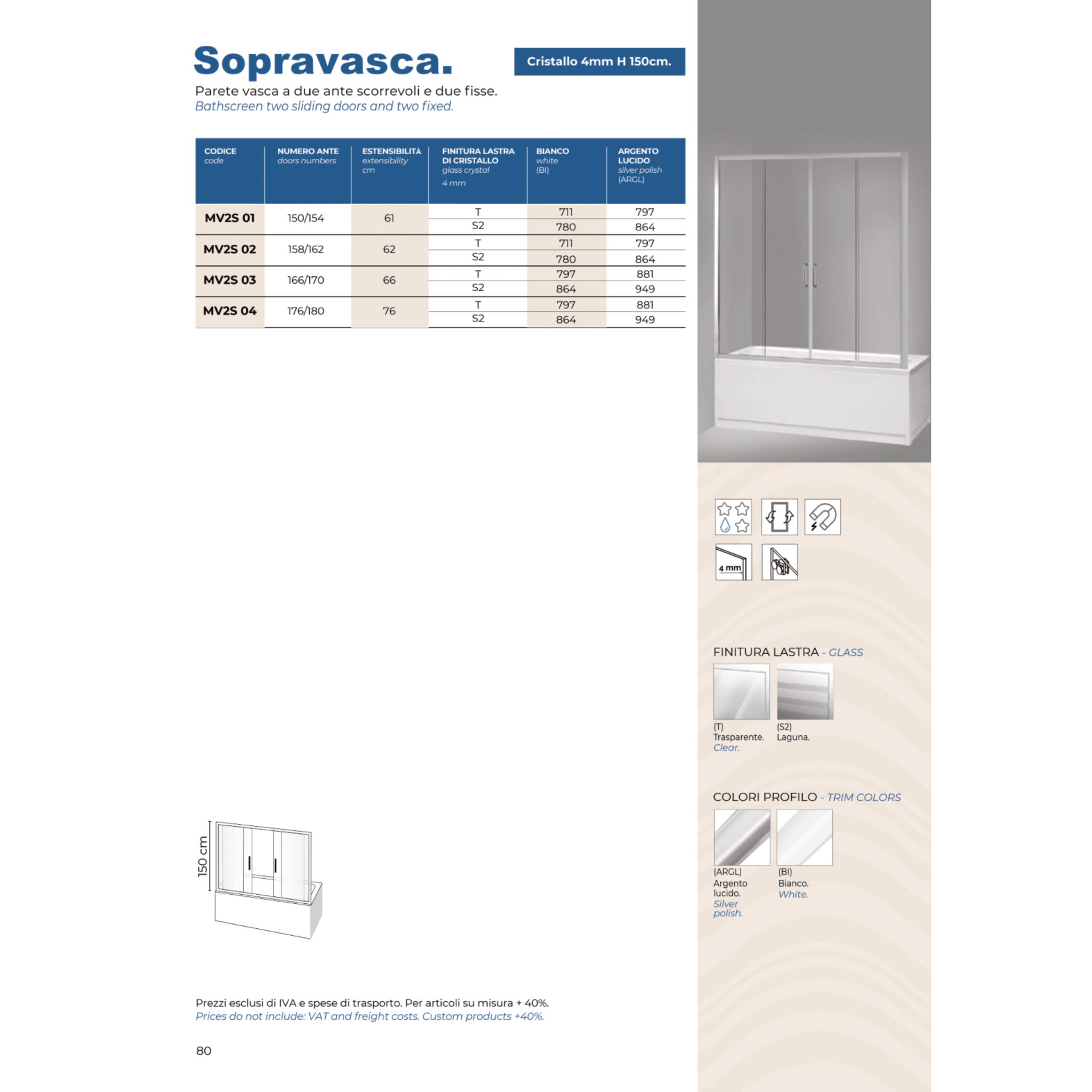 Parete Sopravasca a Due Ante Scorrevoli 180 Cm Giava Bianco/Vetro Laguna - Dabicasa