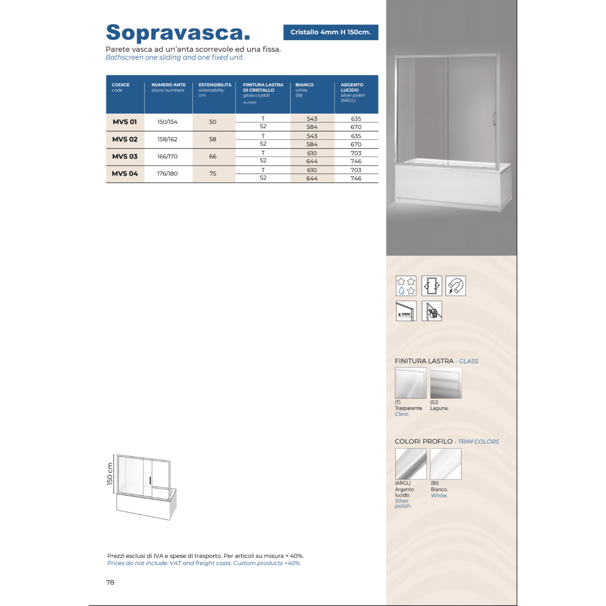 Parete Sopravasca a Nicchia Con Un'Anta Scorrevole 180 Cm Giava Argento/Vetro Laguna - Dabicasa