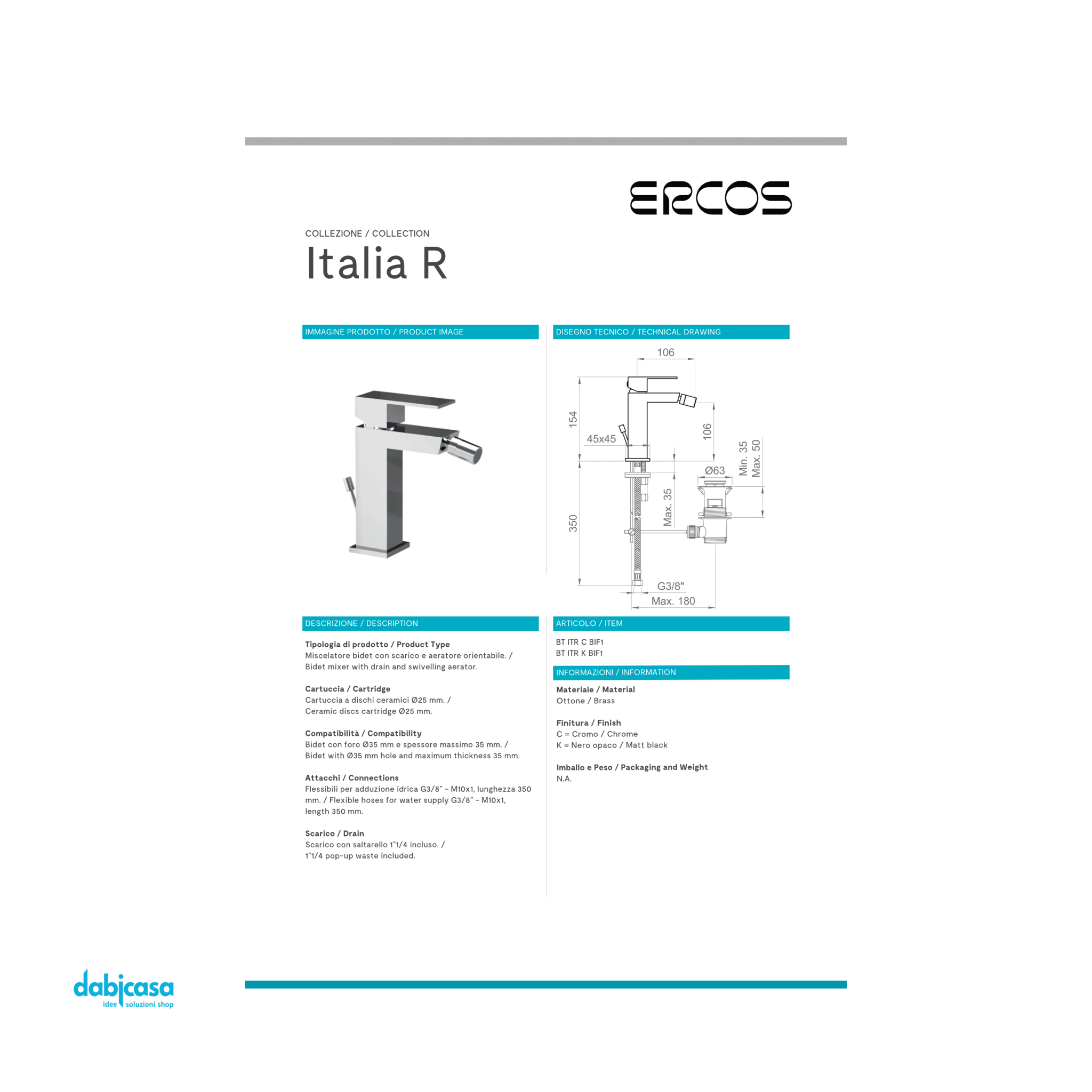 Ponsi "Italia R" Miscelatore Bidet Con Scarico Automatico - Dabicasa