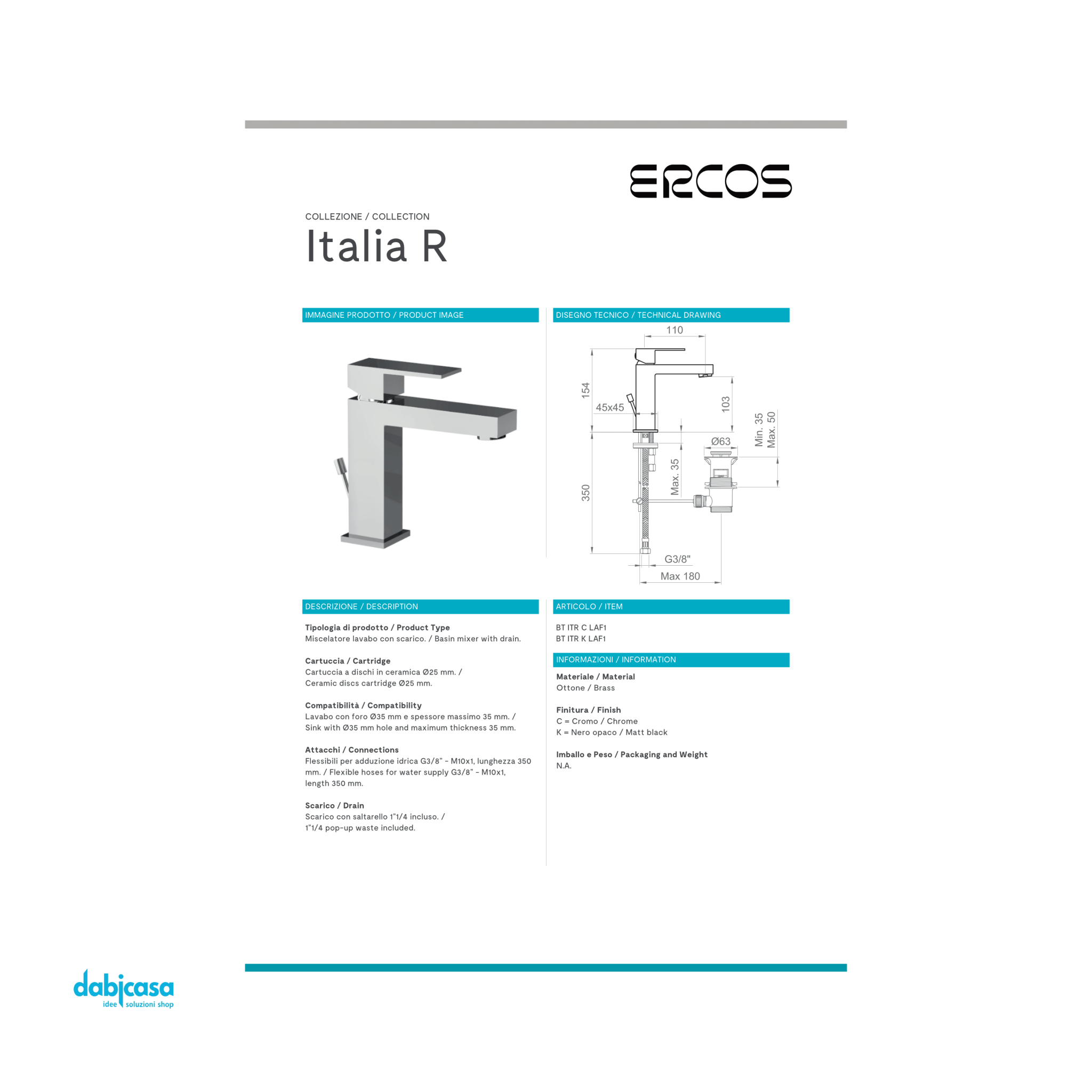 Ponsi "Italia R" Miscelatore Lavabo Con Scarico Automatico - Dabicasa