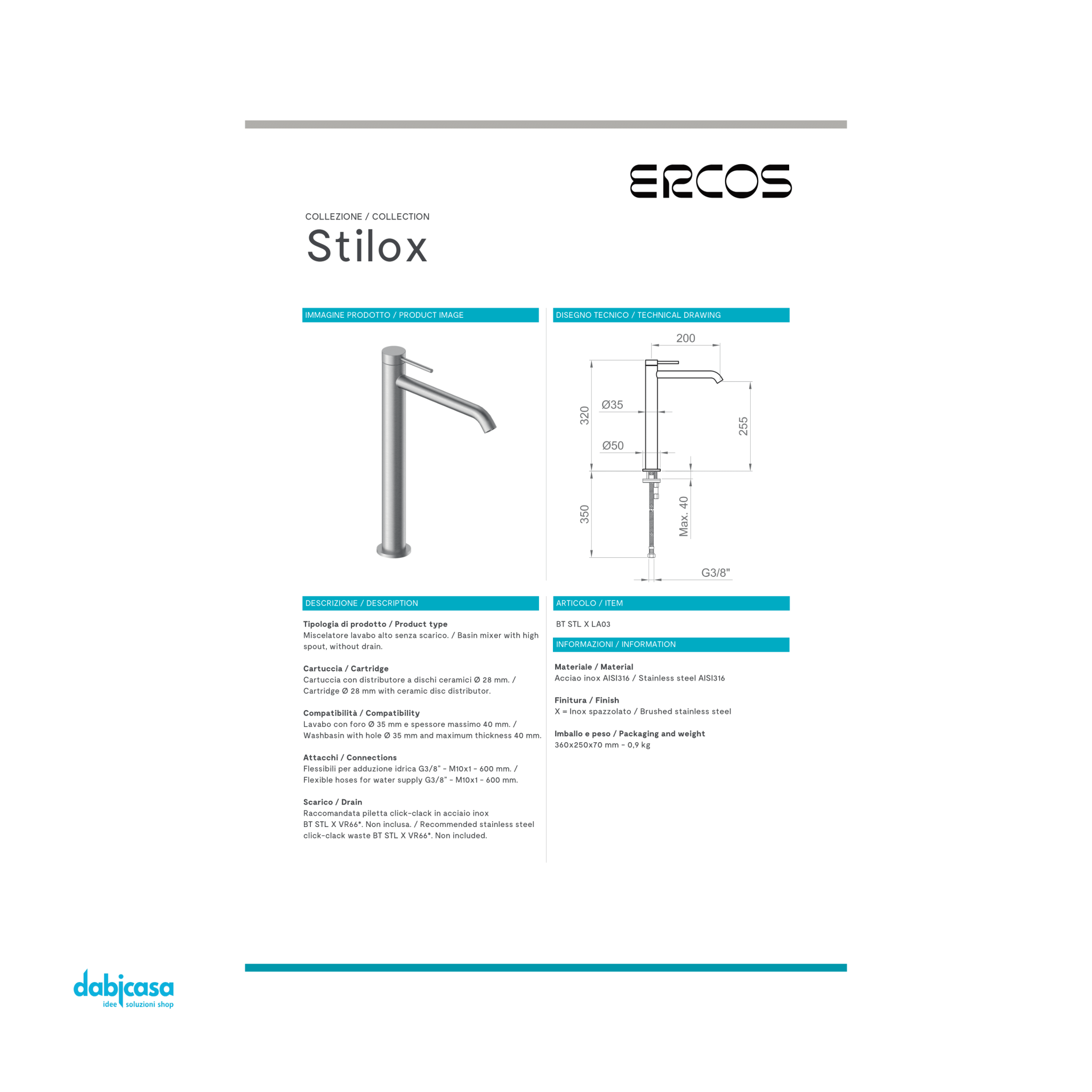 Ponsi "Stilox" Miscelatore Lavabo Alto Senza Scarico Automatico - Dabicasa