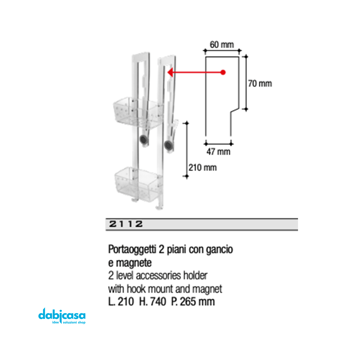 Portaoggetti Tlbath Serie "For Box" 2 Piani Con Gancio e Magnete Chrome L.210 - Dabicasa