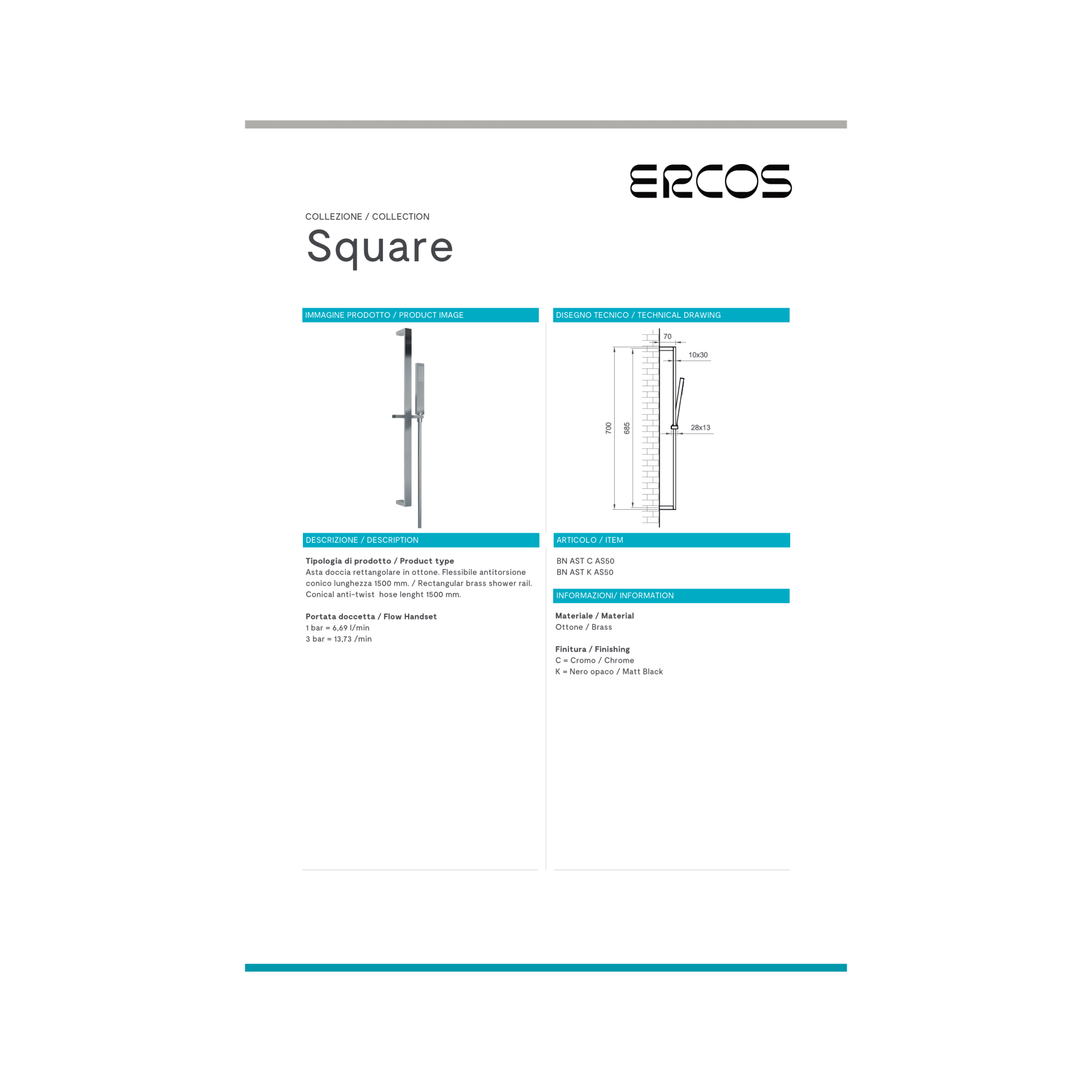 Saliscendi Doccia Quadro 70 Cm Ercos "Square" Cromo Lucido - Dabicasa