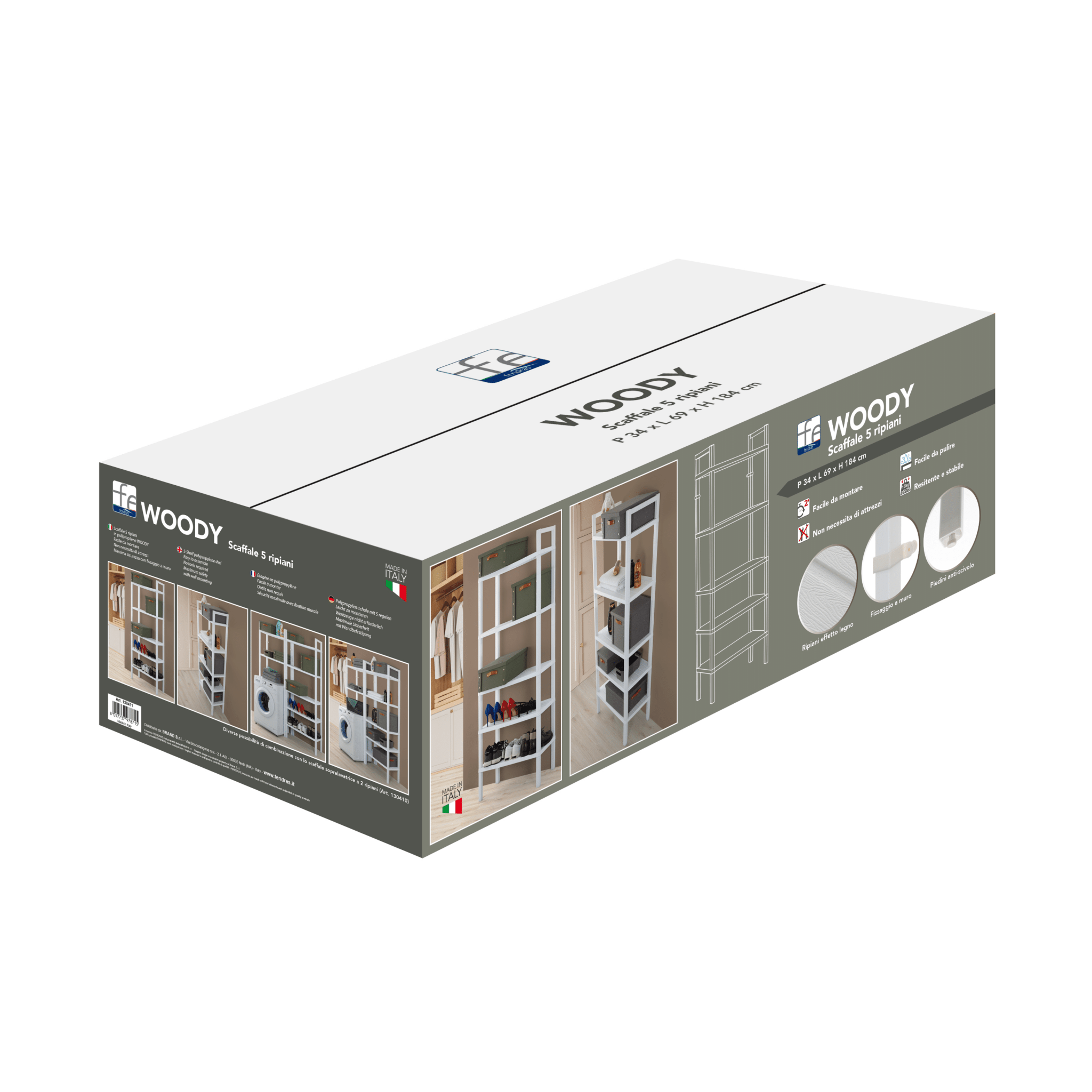 Scaffale Da Bagno Salvaspazio 184 Cm Cinque Ripiani Feridras "Woody" Bianco - Dabicasa