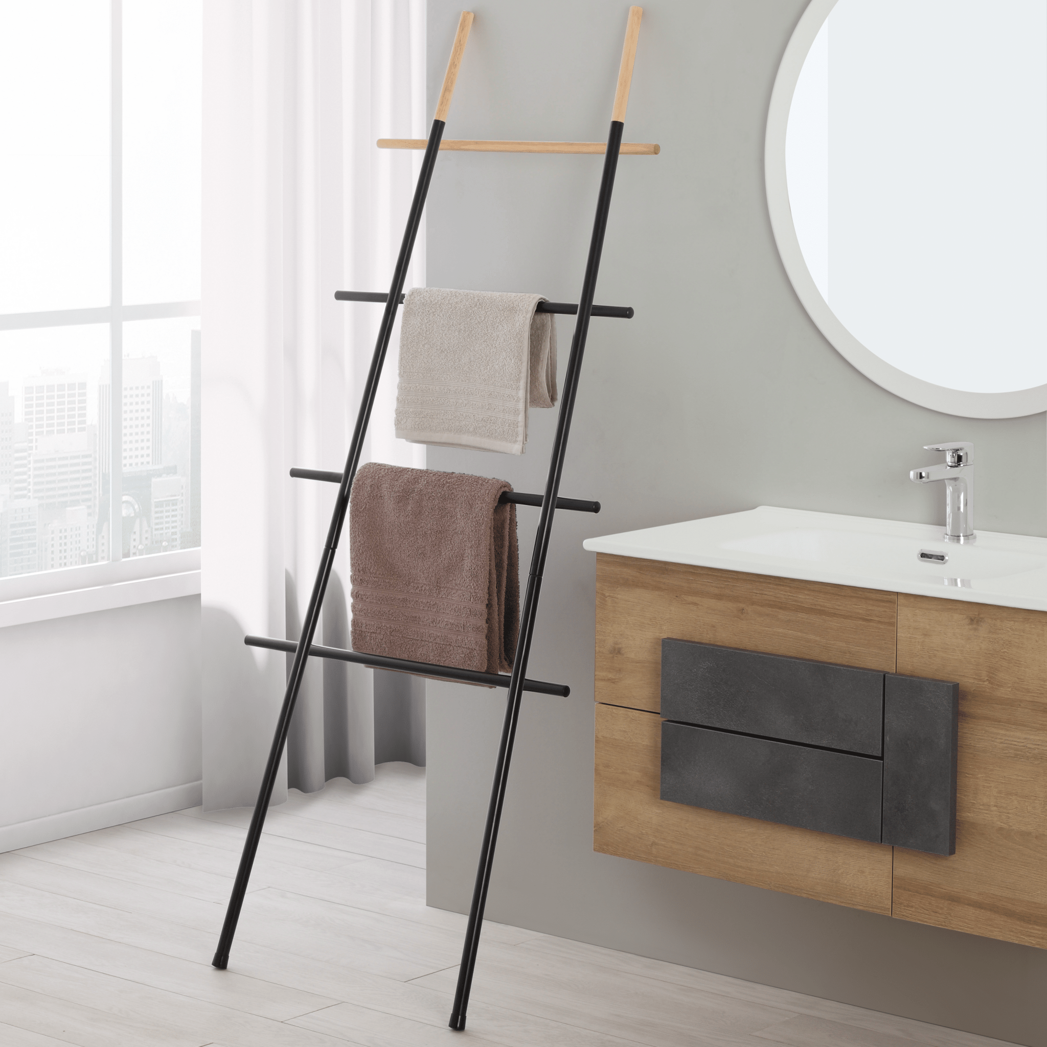 Scala Portasciugamani 170 Cm Quattro Barre Feridras Nero Con Inserti In Legno - Dabicasa