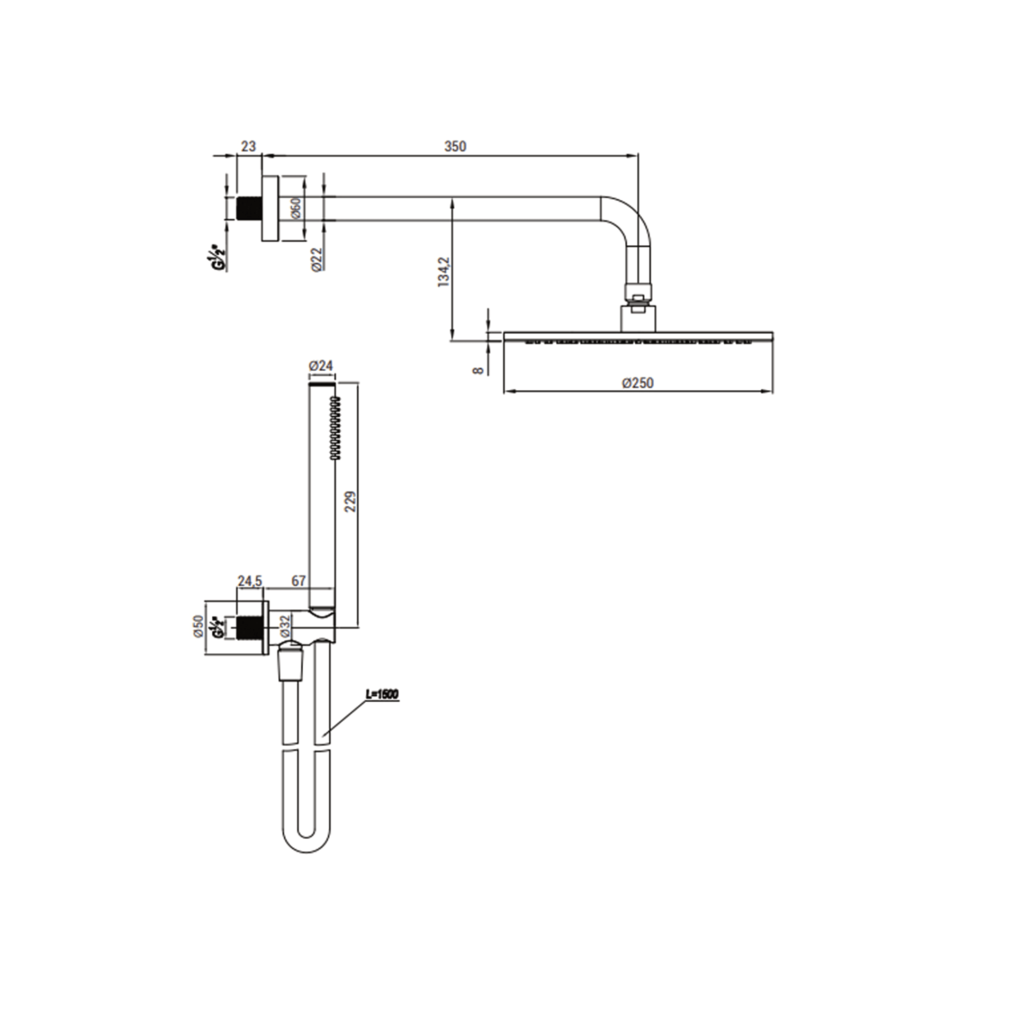 Set Incasso Doccia Tondo Con Soffione 25 Cm Braccio Doccia 35 Cm e Kit Doccetta "Steel" Inox Spazzolato - Dabicasa