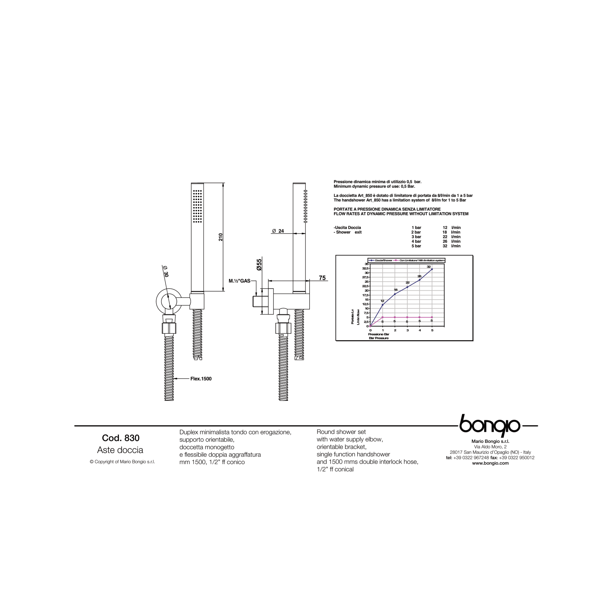 Set Incasso Doccia Tondo Con Soffione Diam.20 Cm Braccio Doccia 35 Cm e Kit Doccetta Mario Bongio "Wellness" Cromo Lucido - Dabicasa