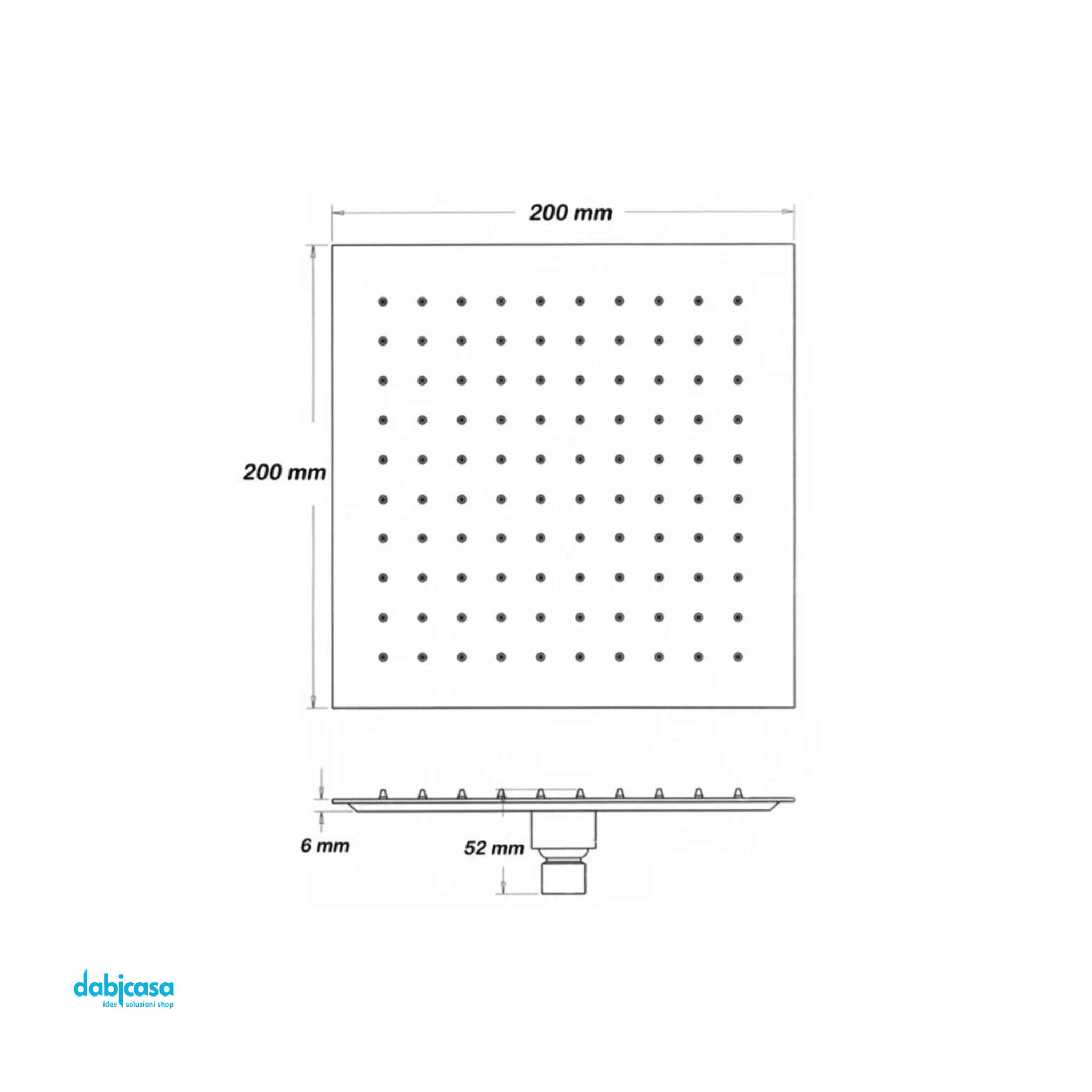 Soffione Doccia Quadrato "Platinum" Anticalcare In Acciaio Inossidabile Aisi 304 Da 20 x 20 cm Con Raccordo Universale 1/2" g - Dabicasa