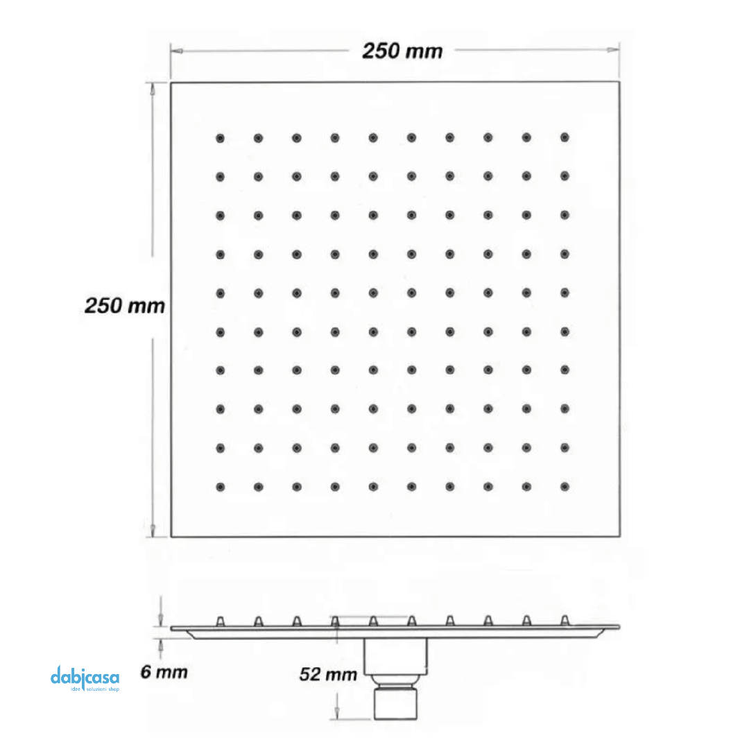 Soffione Doccia Quadrato "Platinum" Anticalcare In Acciaio Inossidabile Aisi 304 Da 25 x 25 cm Con Raccordo Universale 1/2" g - Dabicasa