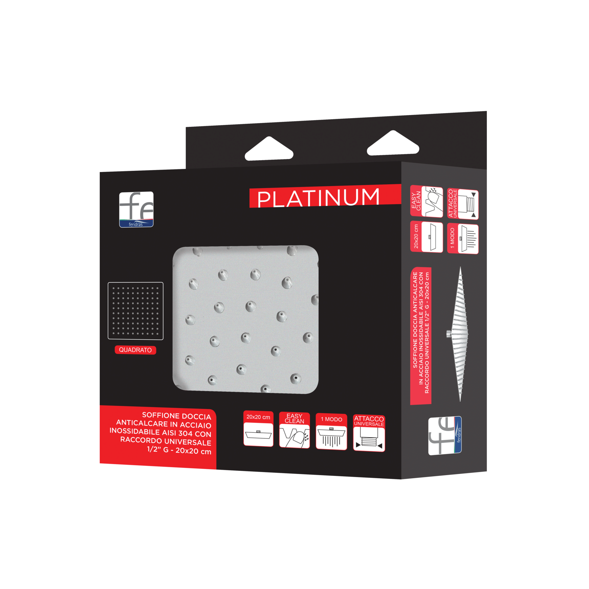 Soffione Doccia Quadro Anticalcare 30x30 Cm Feridras "Platinum" Cromo Lucido - Dabicasa