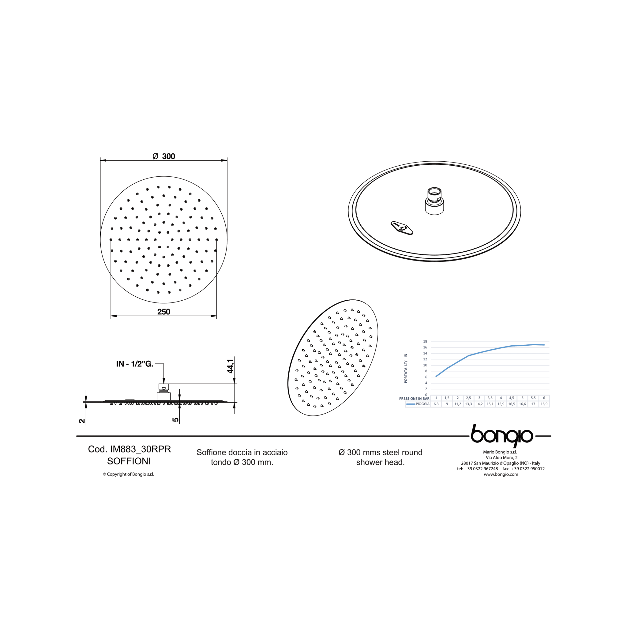 Soffione Doccia Tondo 30 Cm Bongio "Wellness" Cromo Lucido - Dabicasa