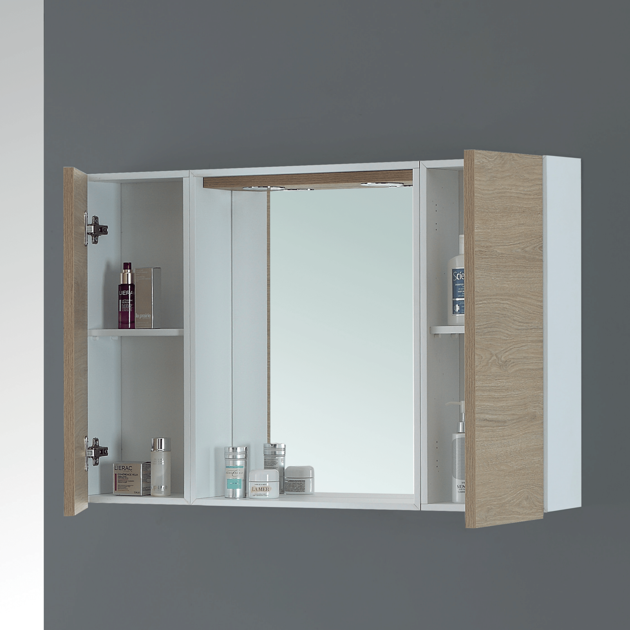 Specchio Contenitore 90x60 Cm Due Ante Con Illuminazione Led Feridras "Stella" Bianco/Rovere Dolomite - Dabicasa