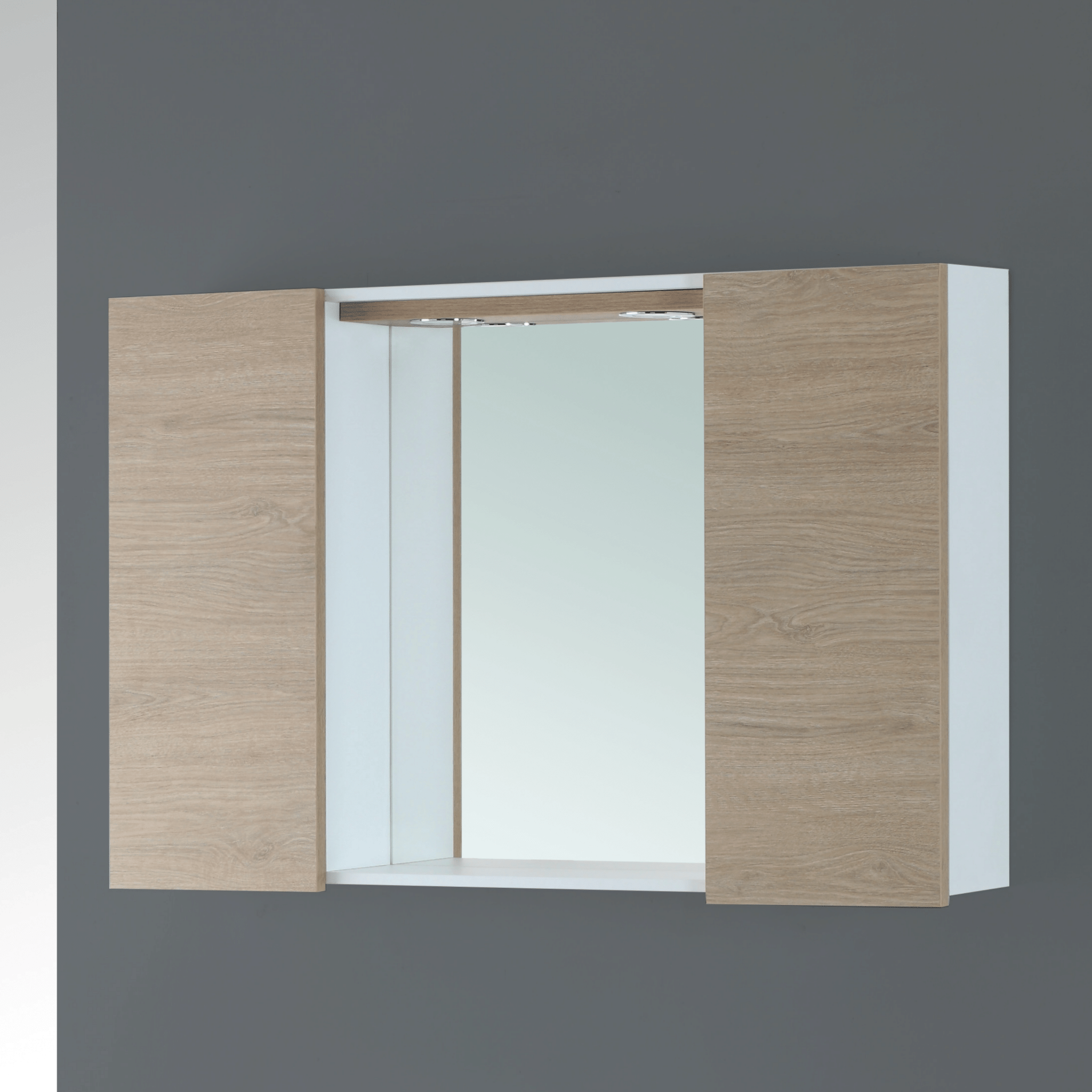 Specchio Contenitore 90x60 Cm Due Ante Con Illuminazione Led Feridras "Stella" Bianco/Rovere Dolomite - Dabicasa