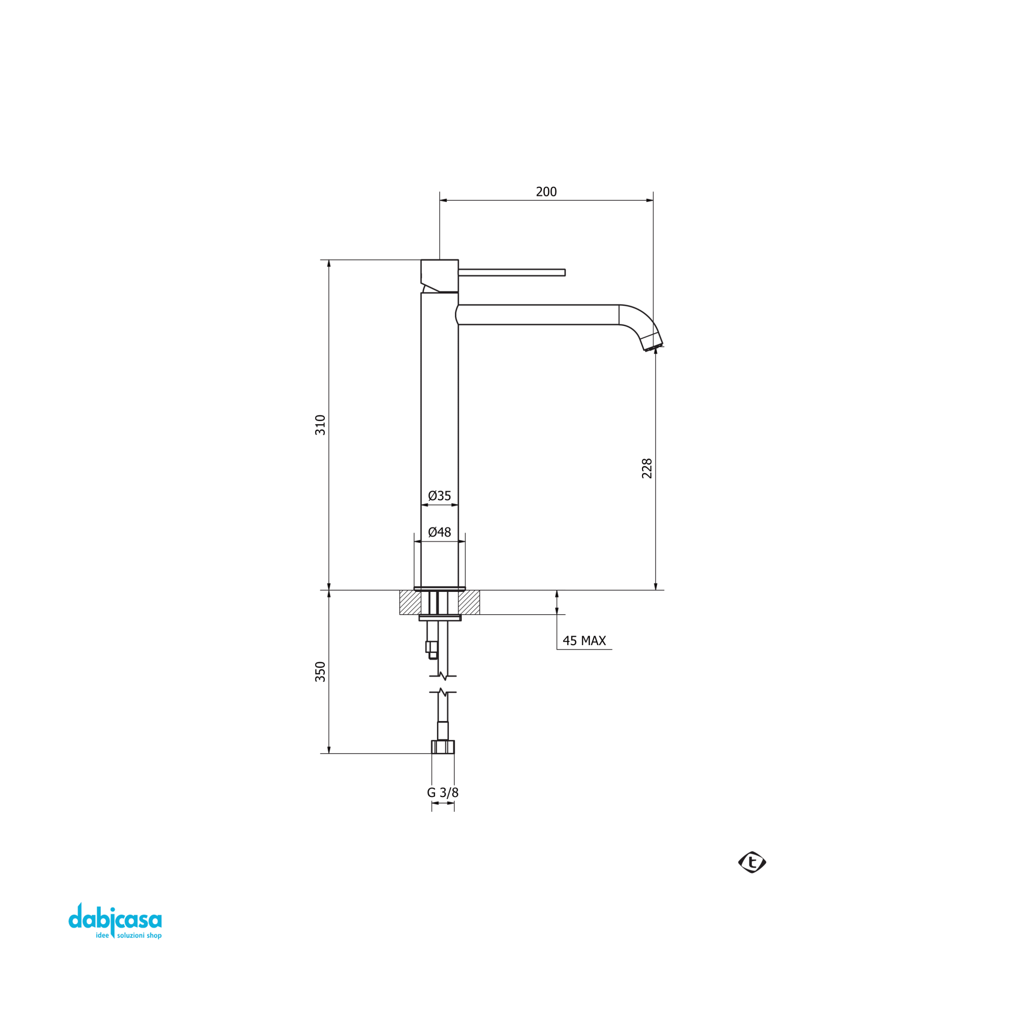 Teorema Rubinetteria "Jabil" Miscelatore Lavabo Alto Con Scarico Click - Clack - Dabicasa