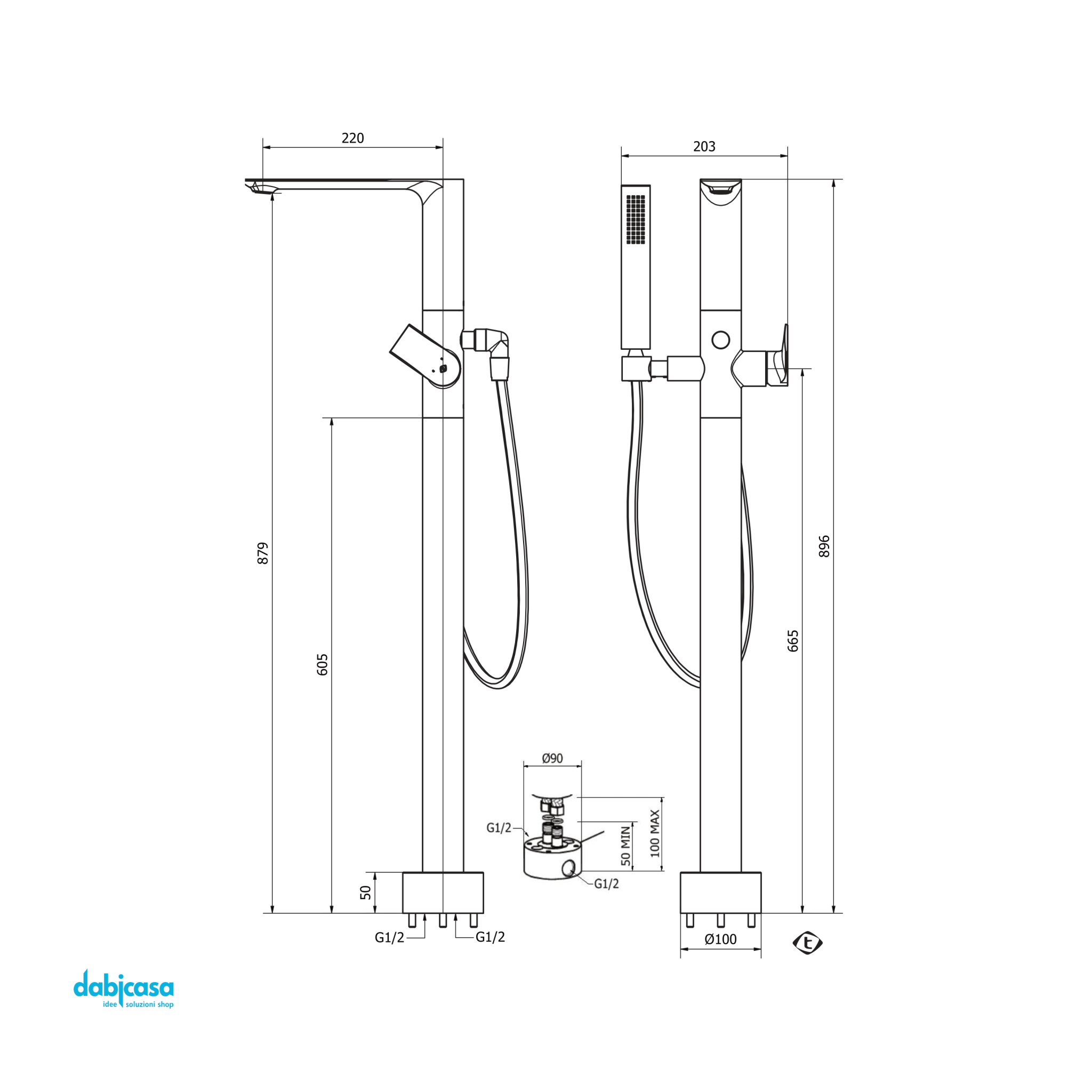 Teorema Rubinetteria "Slope" Gruppo Vasca a Pavimento C/Kit Doccetta Finitura Cromo Lucido - Dabicasa