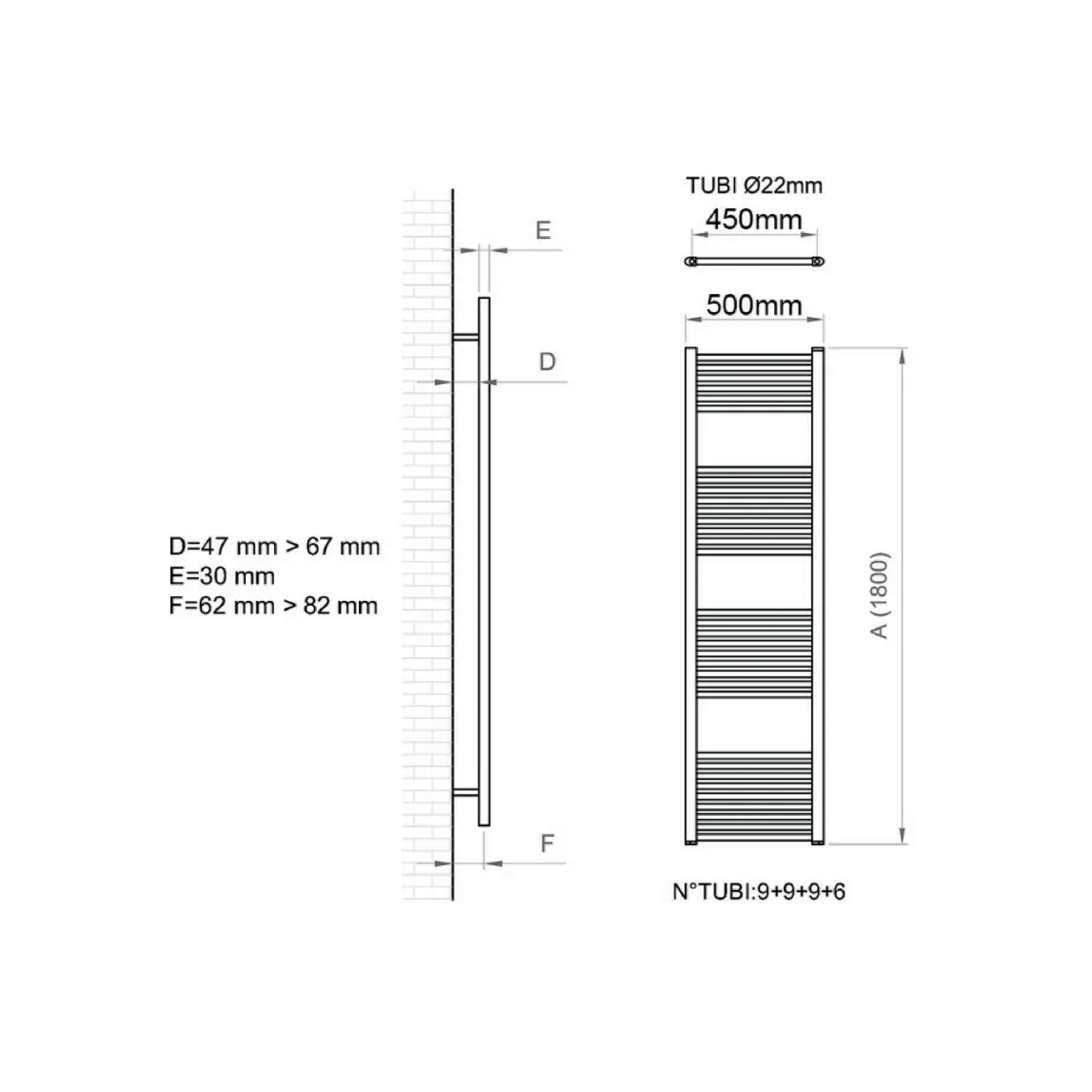 Termoarredo Dritto 180x50 Interasse 45 Cm Feridras Bianco - Dabicasa