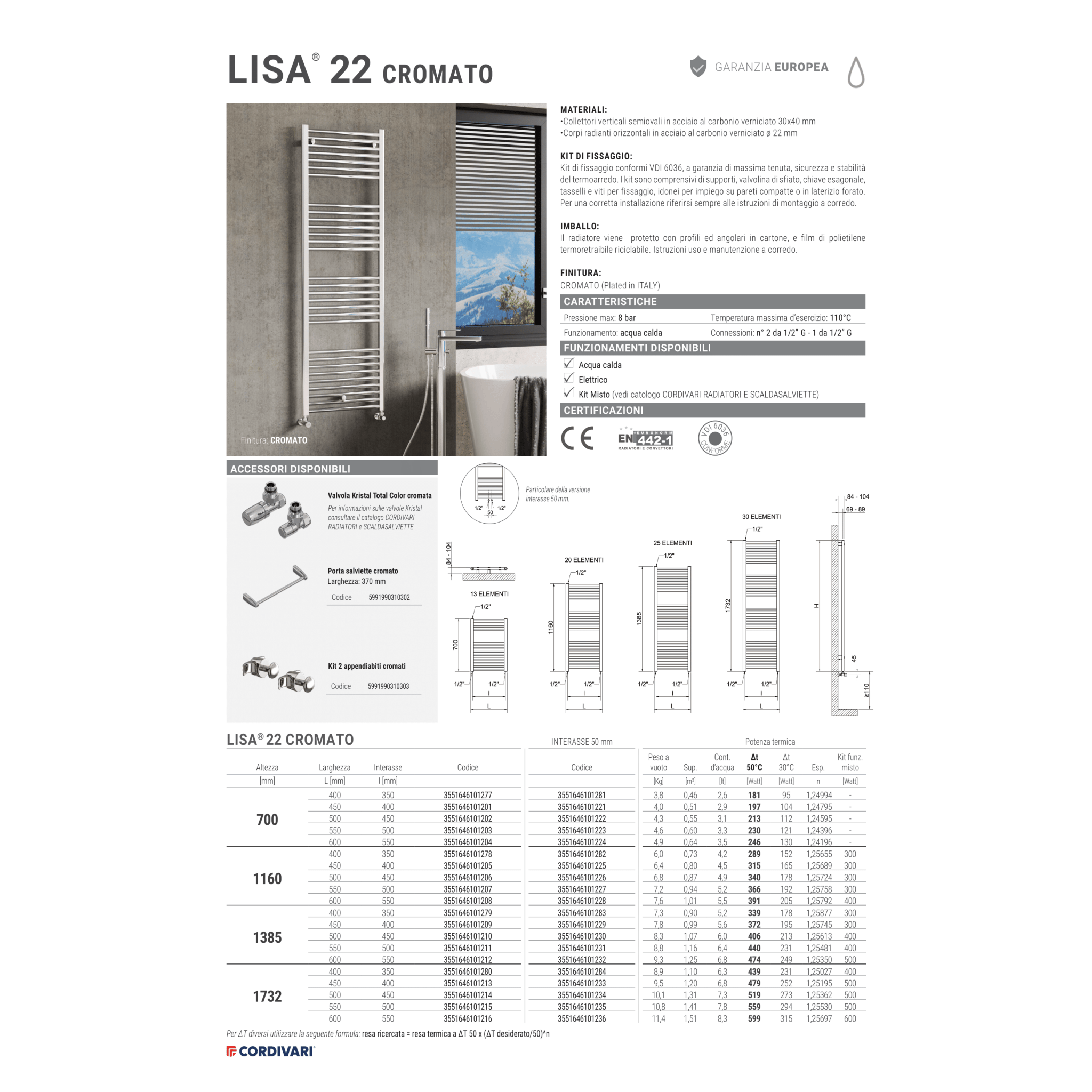 Termoarredo Scaldasalviette Dritto 116x50 Interasse 45 cm Cordivari "Lisa 22" Cromo Lucido - Dabicasa