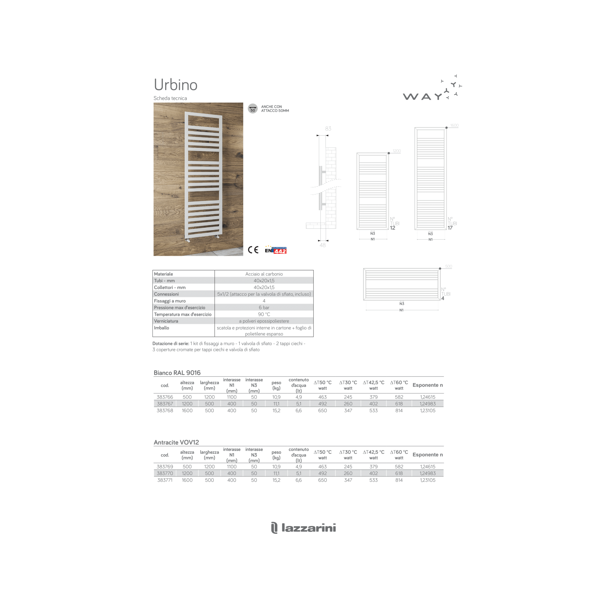 Termoarredo Scaldasalviette Dritto 120x50 Interasse 45 cm Lazzarini "Cuneo" Bianco Traffico - Dabicasa
