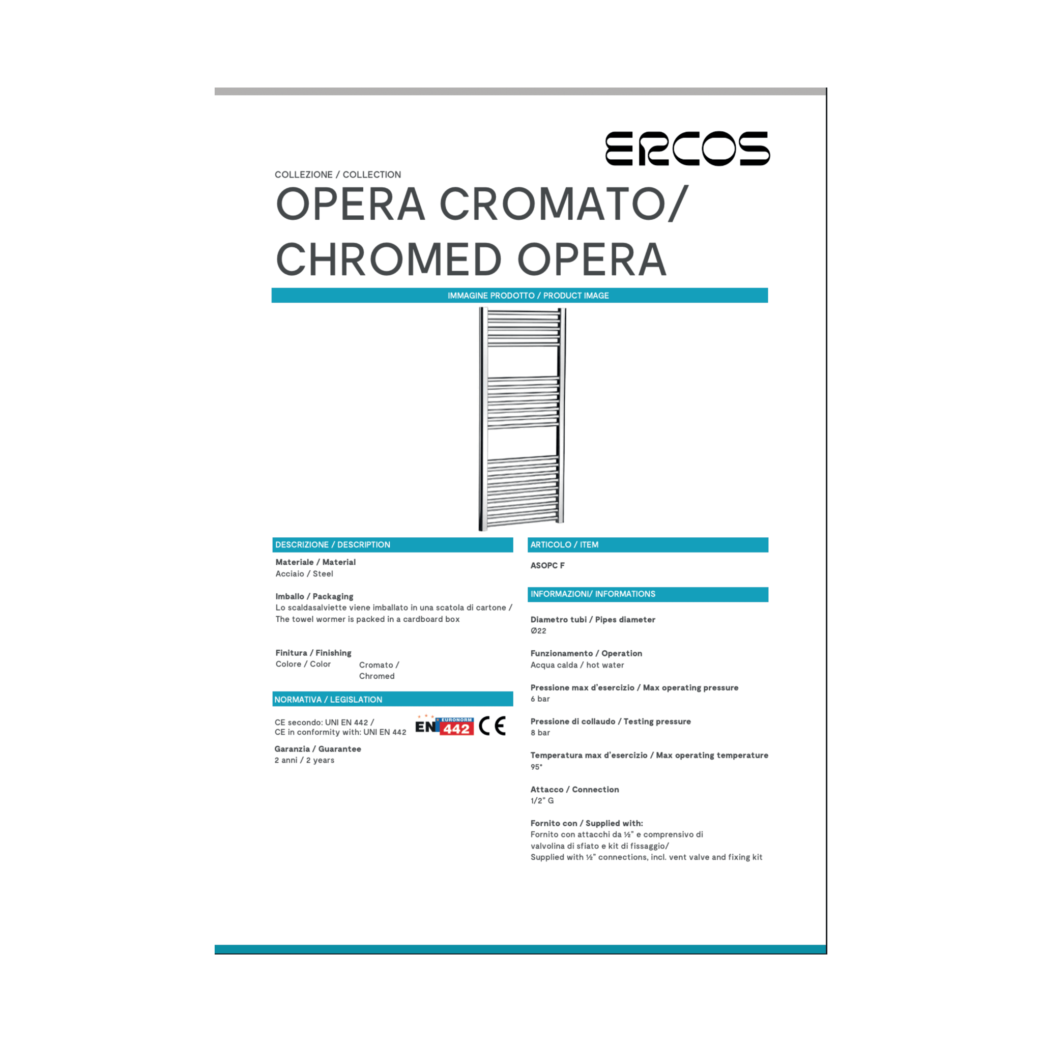 Termoarredo Scaldasalviette Dritto 165x50 Interasse 45 cm Ercos "Opera" Cromo Lucido - Dabicasa