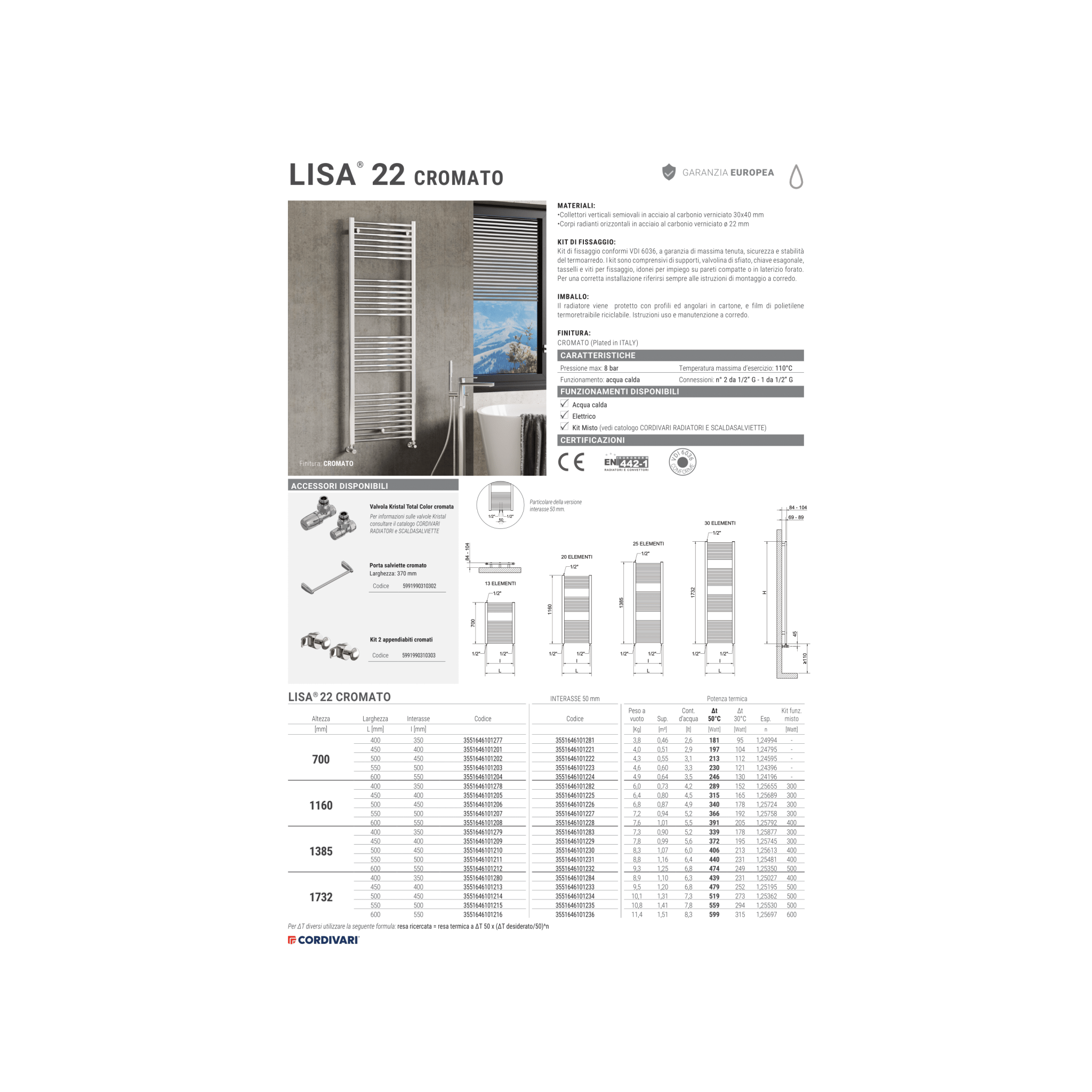 Termoarredo Scaldasalviette Dritto 70x50 Interasse 45 Cm Cordivari "Lisa 22" Cromo Lucido - Dabicasa