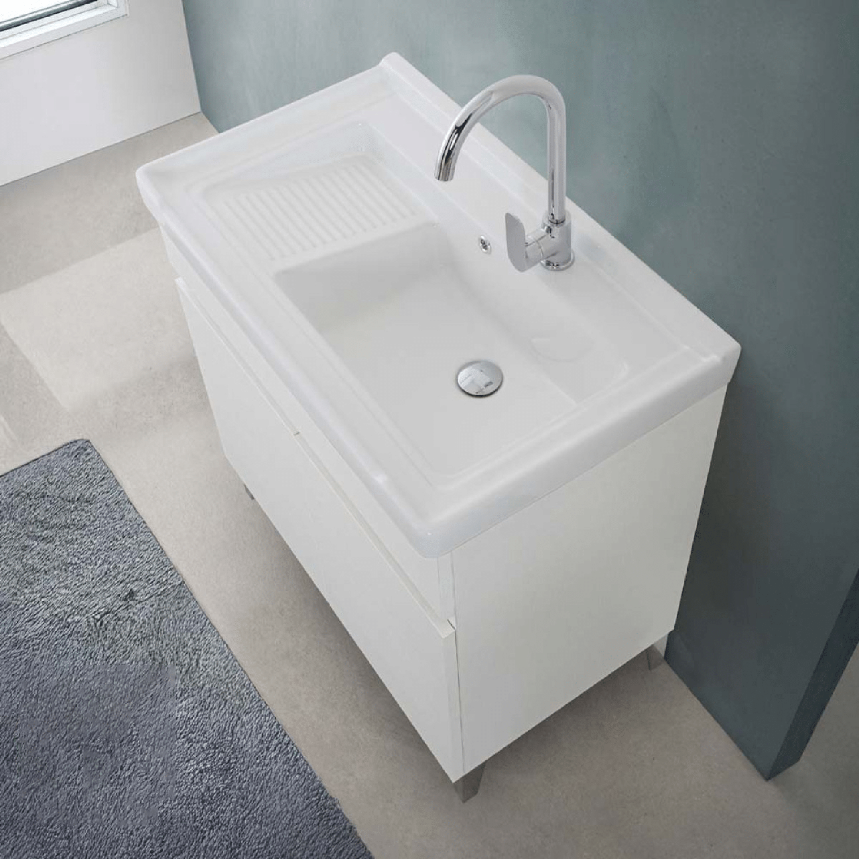 Lavatoio a Terra 80x46,8 Due Ante Con Vasca Feridras "Alba" Bianco Frassinato