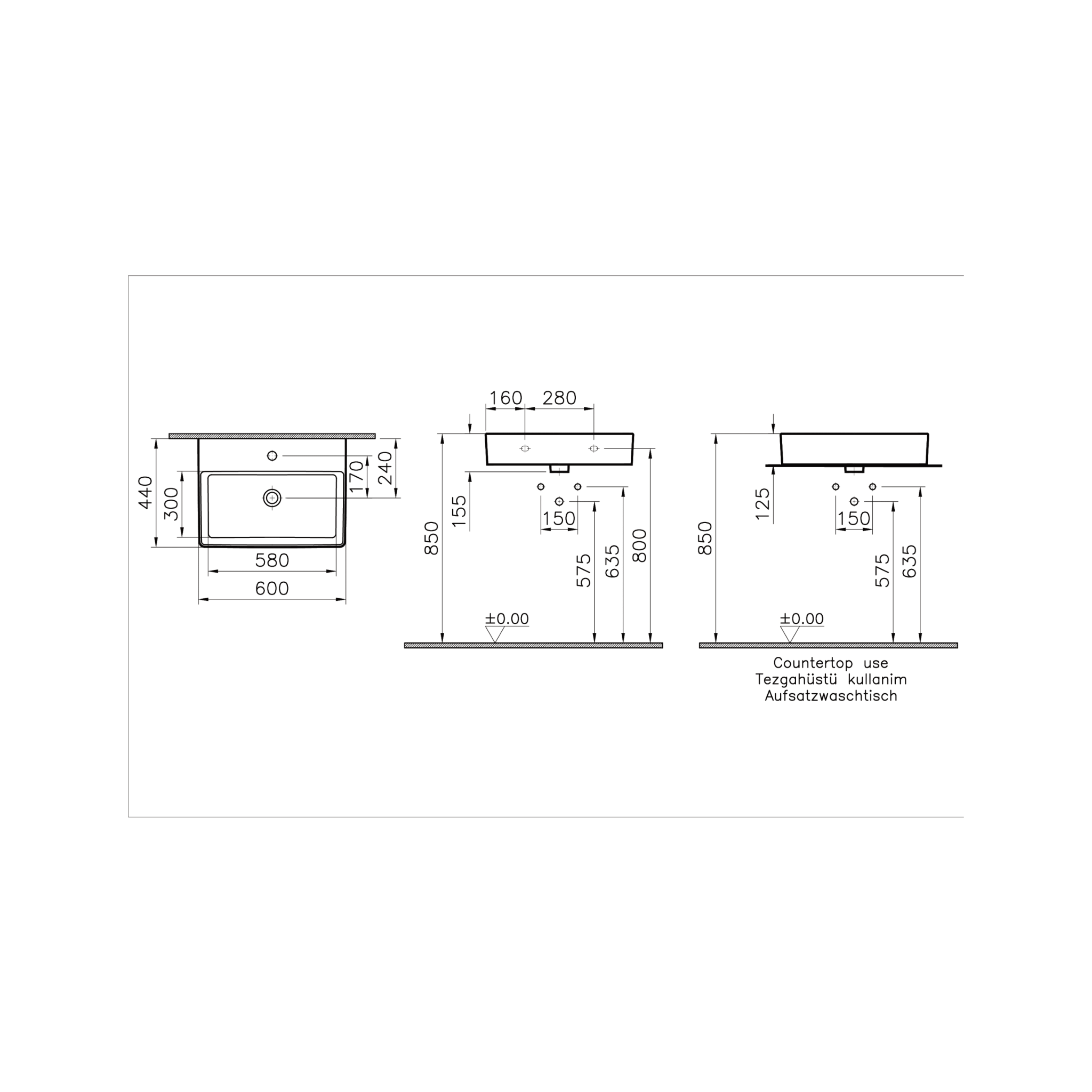 Vitra "Nuo" Lavabo D'Appoggio Rettangolare 60x44 Cm Bianco Lucido - Dabicasa