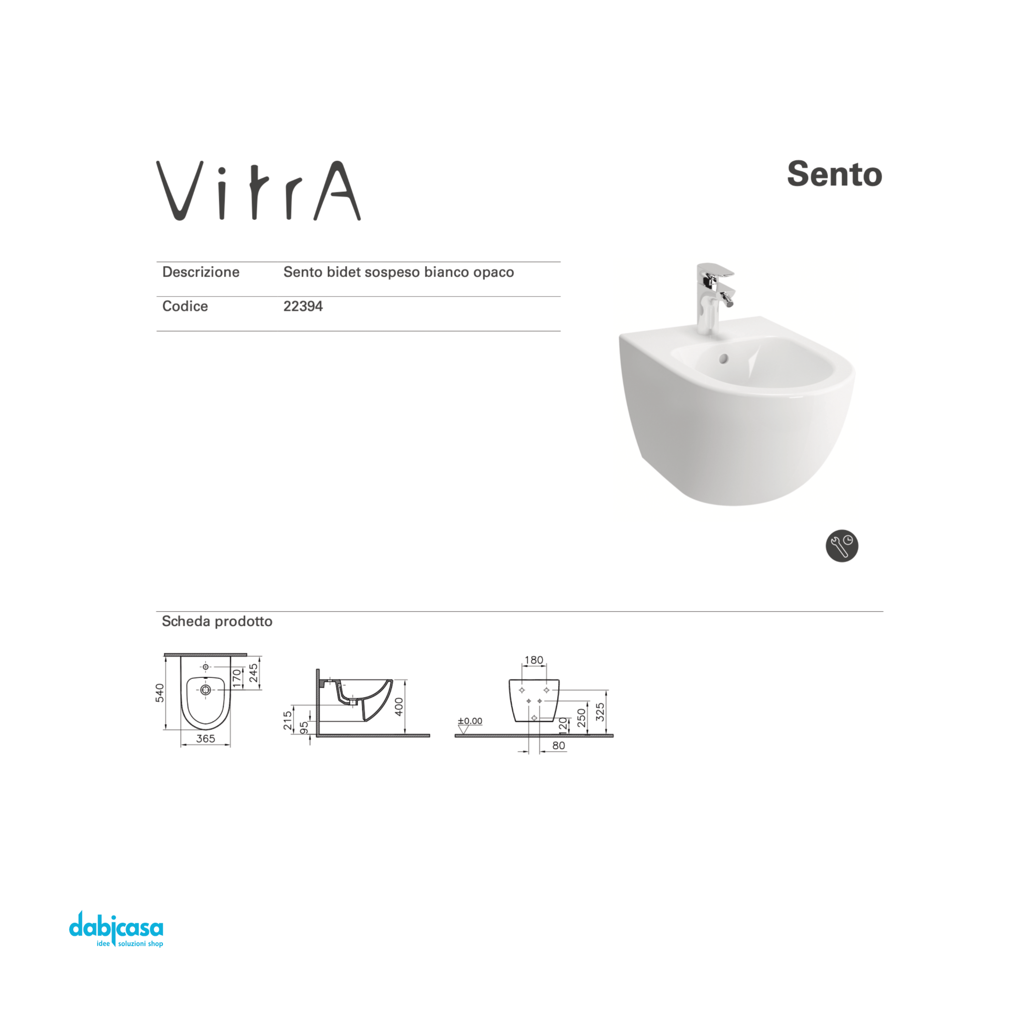 Vitra "Sento" Bidet Sospeso Bianco Opaco - Dabicasa