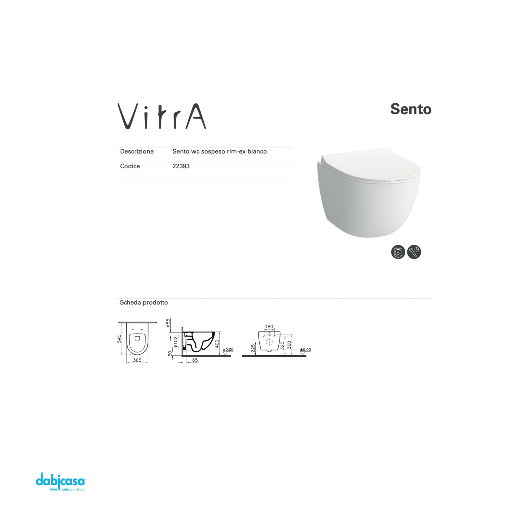 Vitra "Sento" Coppia Di Sanitari Sospesi Bianco Lucido Senza Brida - Dabicasa