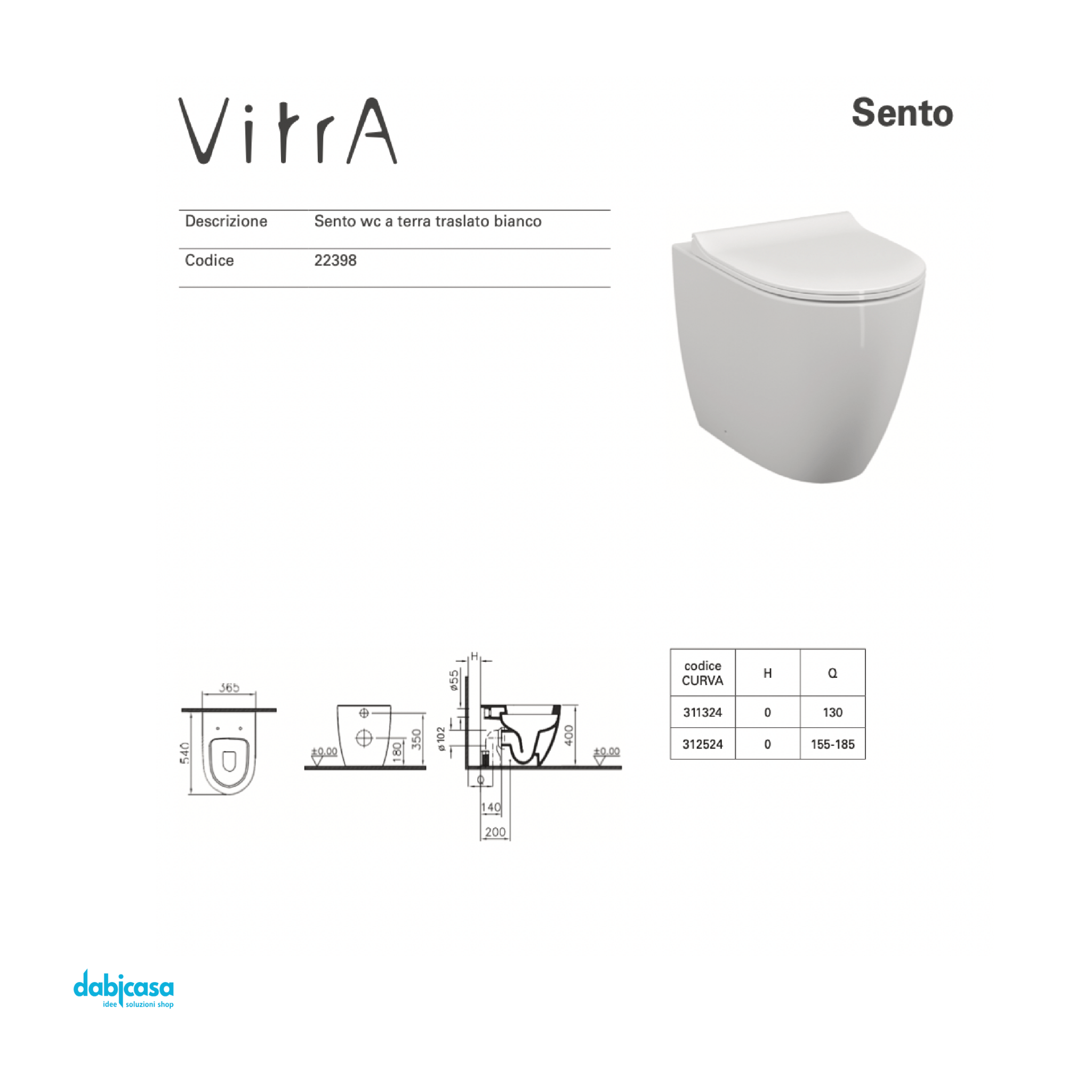 Vitra "Sento" Wc A Terra Filomuro Bianco Lucido Con Brida Con Scarico Traslato - Dabicasa