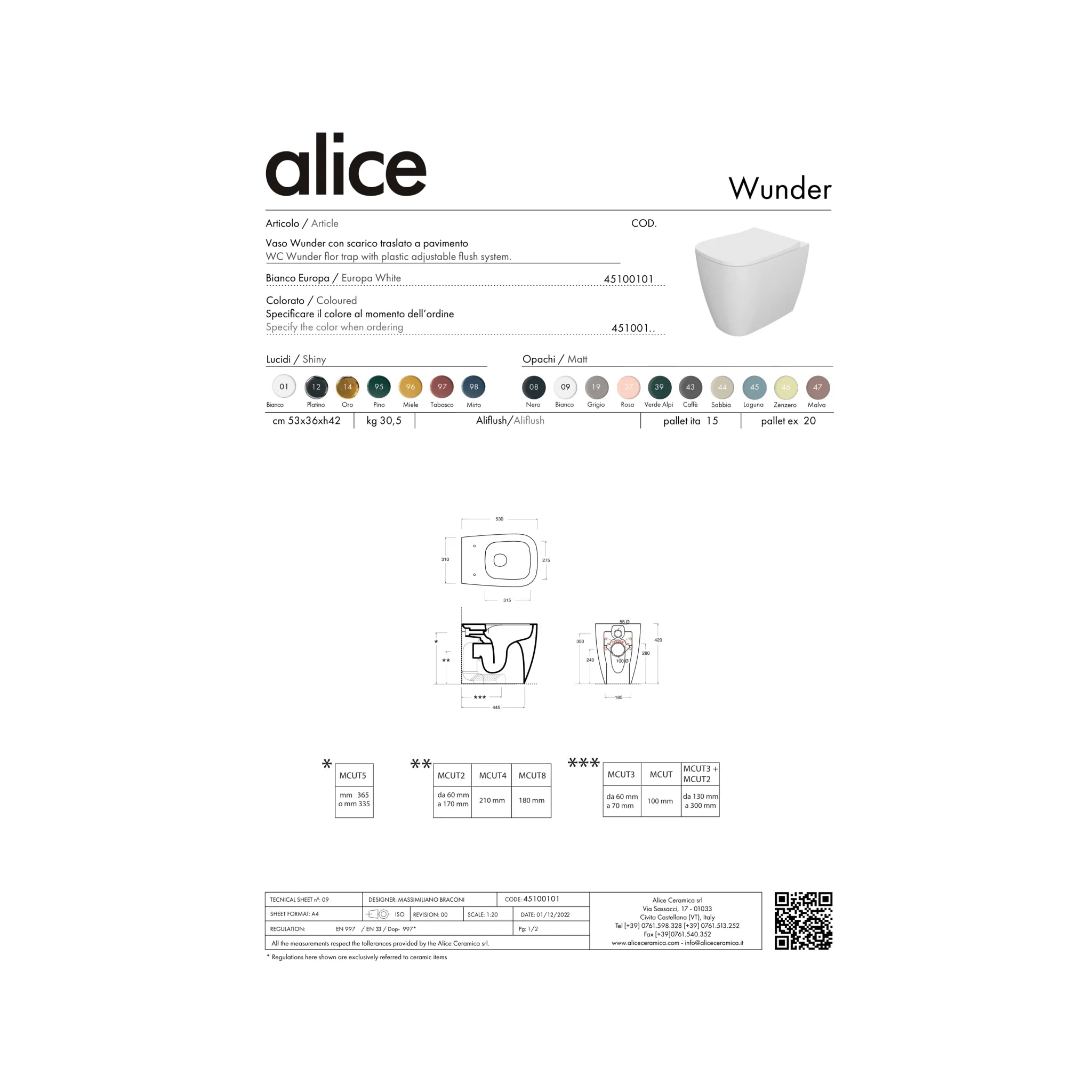 Wc a Terra Senza Brida Traslato Alice Ceramica "Wunder" Bianco Lucido - Dabicasa