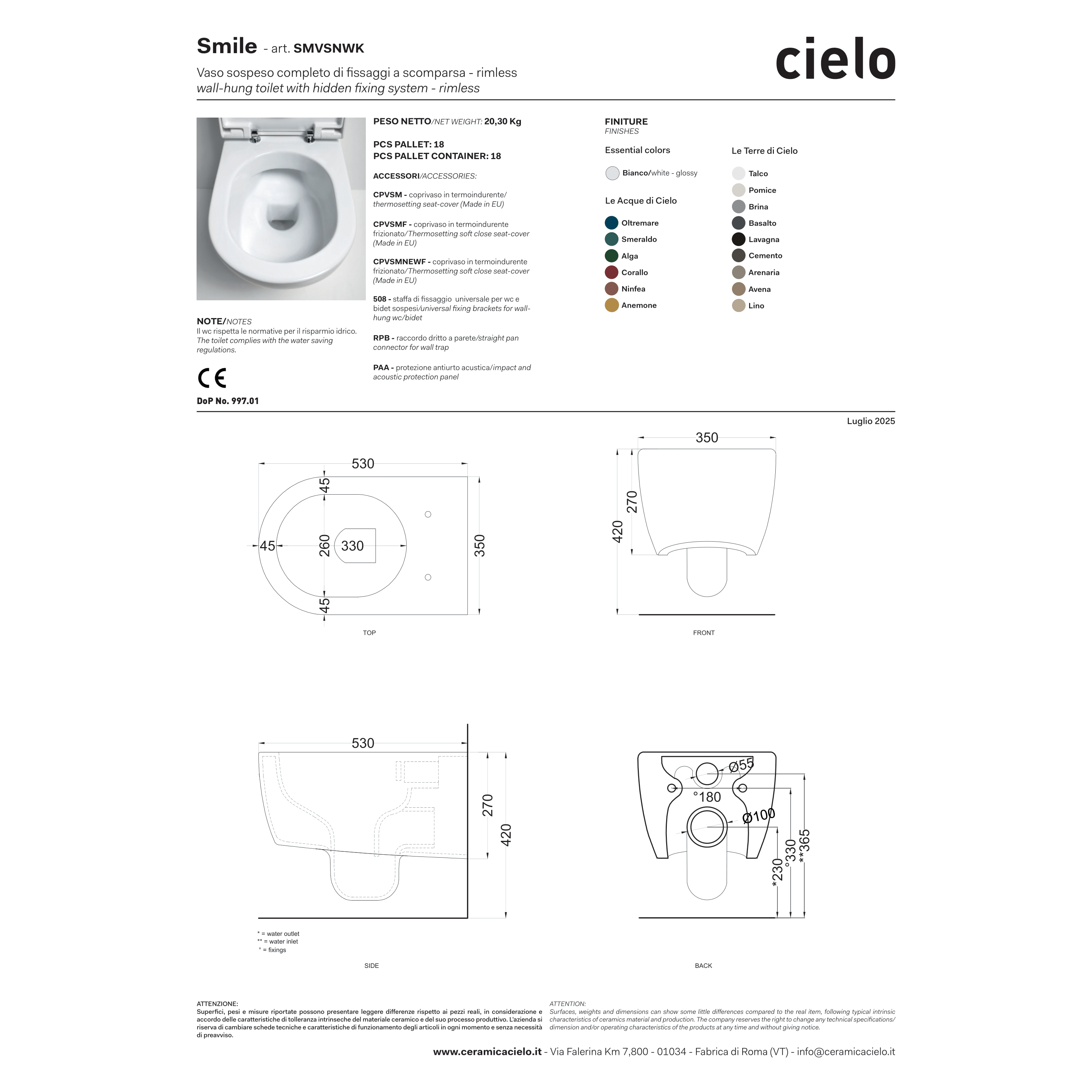 Wc Sospeso Senza Brida Ceramica Cielo "Smile 53" Bianco Lucido