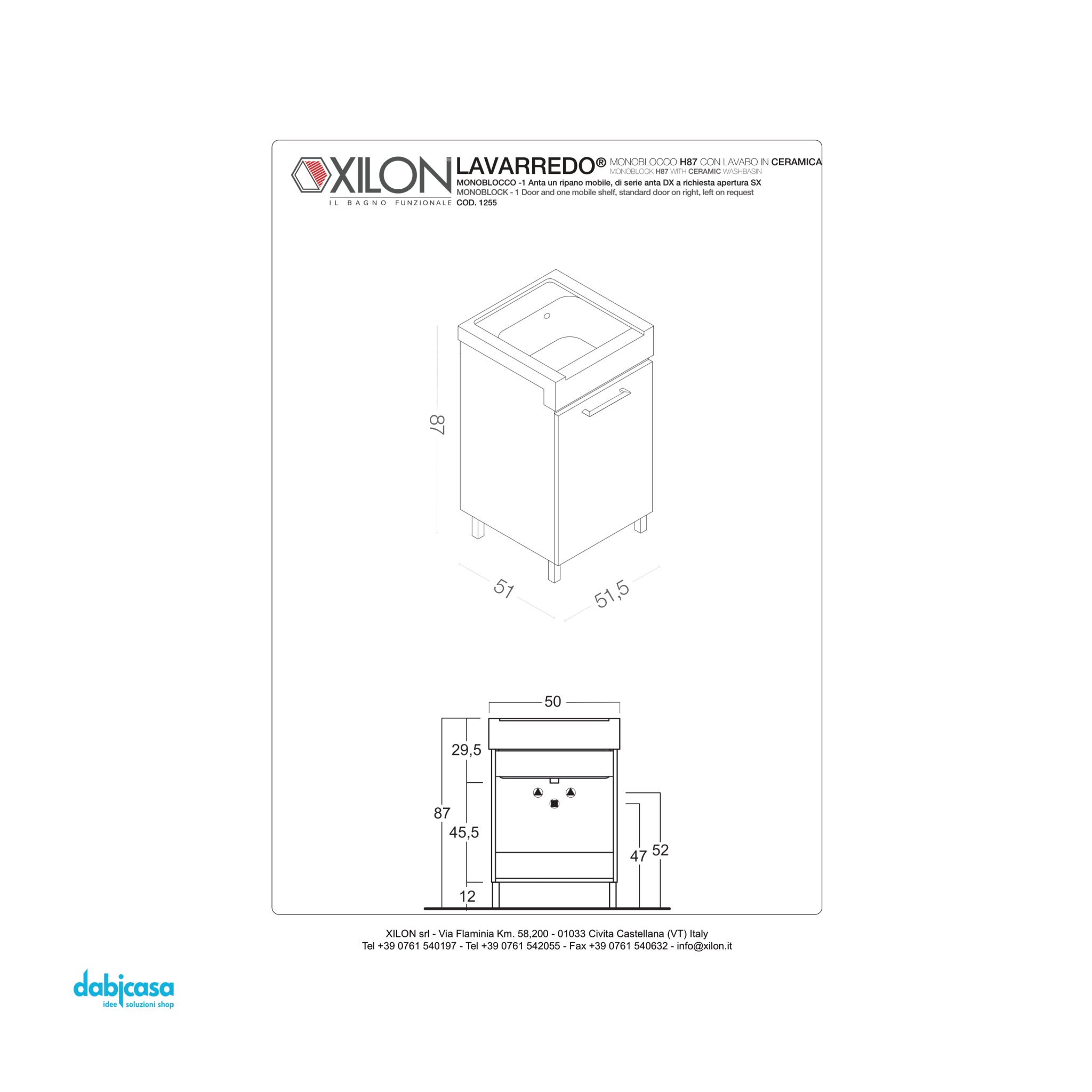 Xilon "Lavarredo" Mobile Lavatoio Da 50x50 Cm In Legno Melaminico C/Apertura Anta Dx - Dabicasa