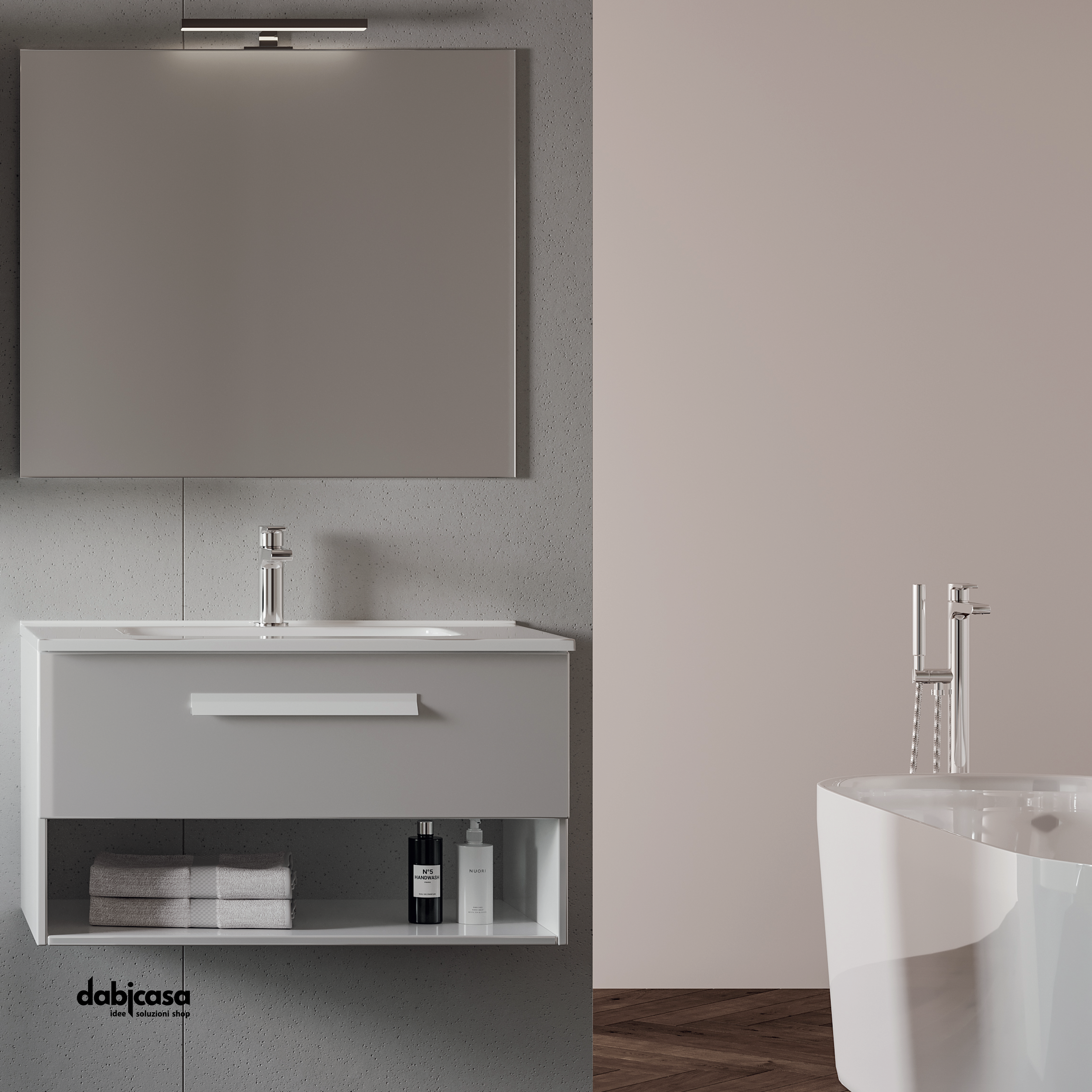 Mobile Bagno Sospeso "Aura 2" Da 80 cm C/Base e Vano a Giorno In Finitura Bianco Lucido