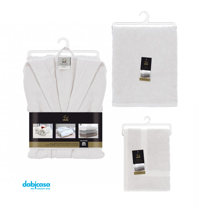 Kit "Gold" Accappatoio+Asciugamano Viso+Tappeto Scendidoccia 100% Cotone Colore Bianco freeshipping - Dabicasa